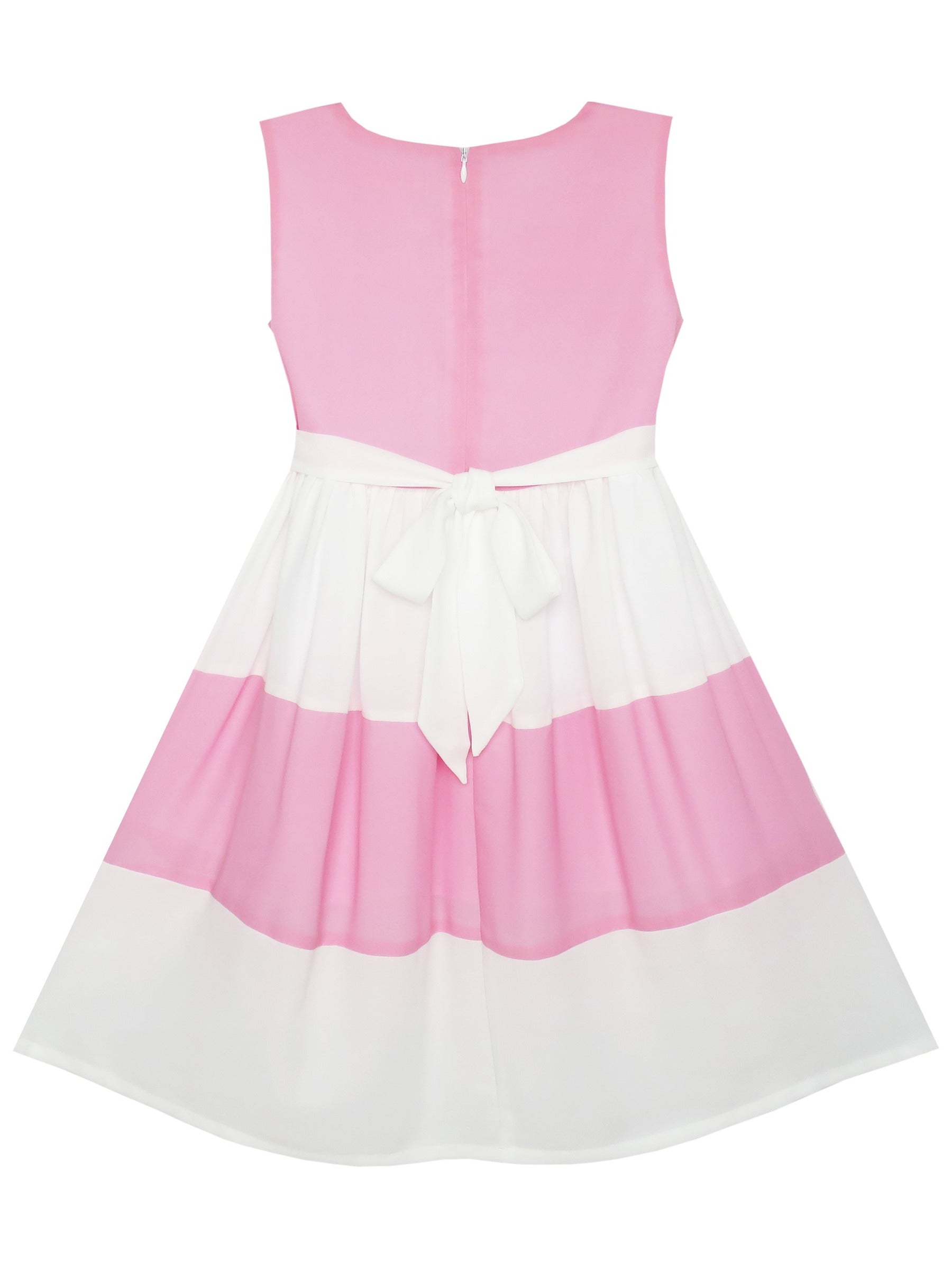 Girls Dress Pleated Collar Color Block Chiffon Sundress Pink