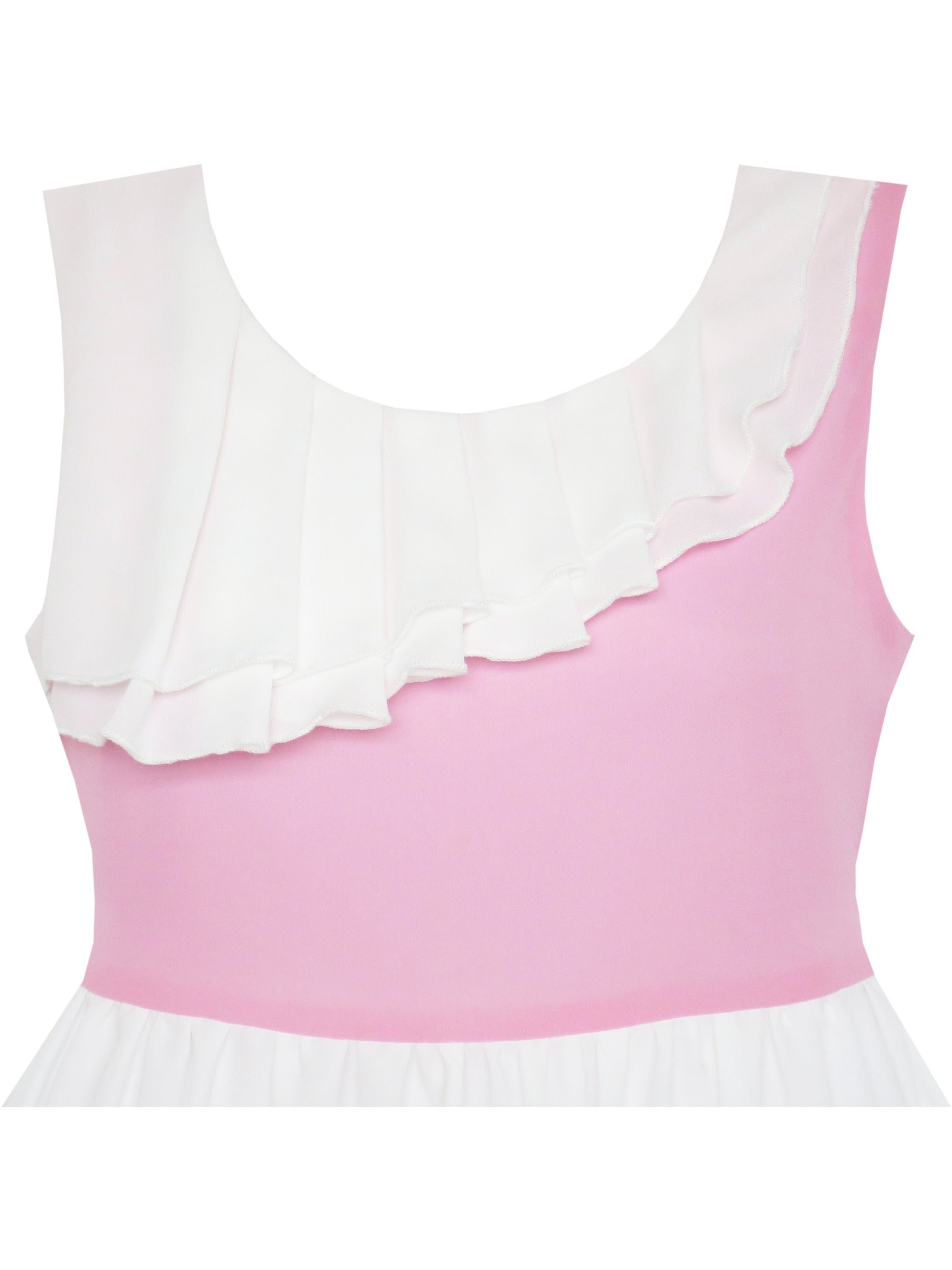 Girls Dress Pleated Collar Color Block Chiffon Sundress Pink
