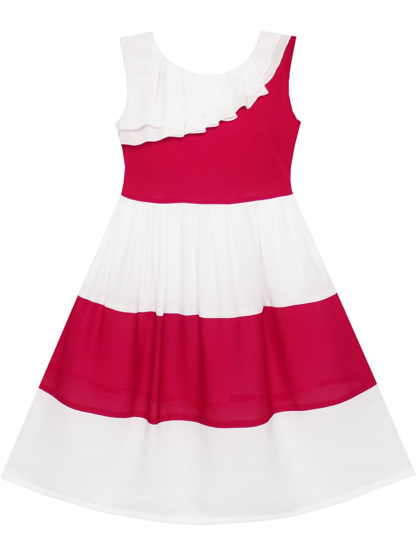 Girls Dress Pleated Collar Color Block Chiffon Sundress Red