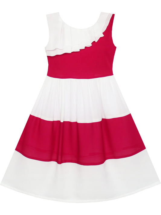 Girls Dress Pleated Collar Color Block Chiffon Sundress Red