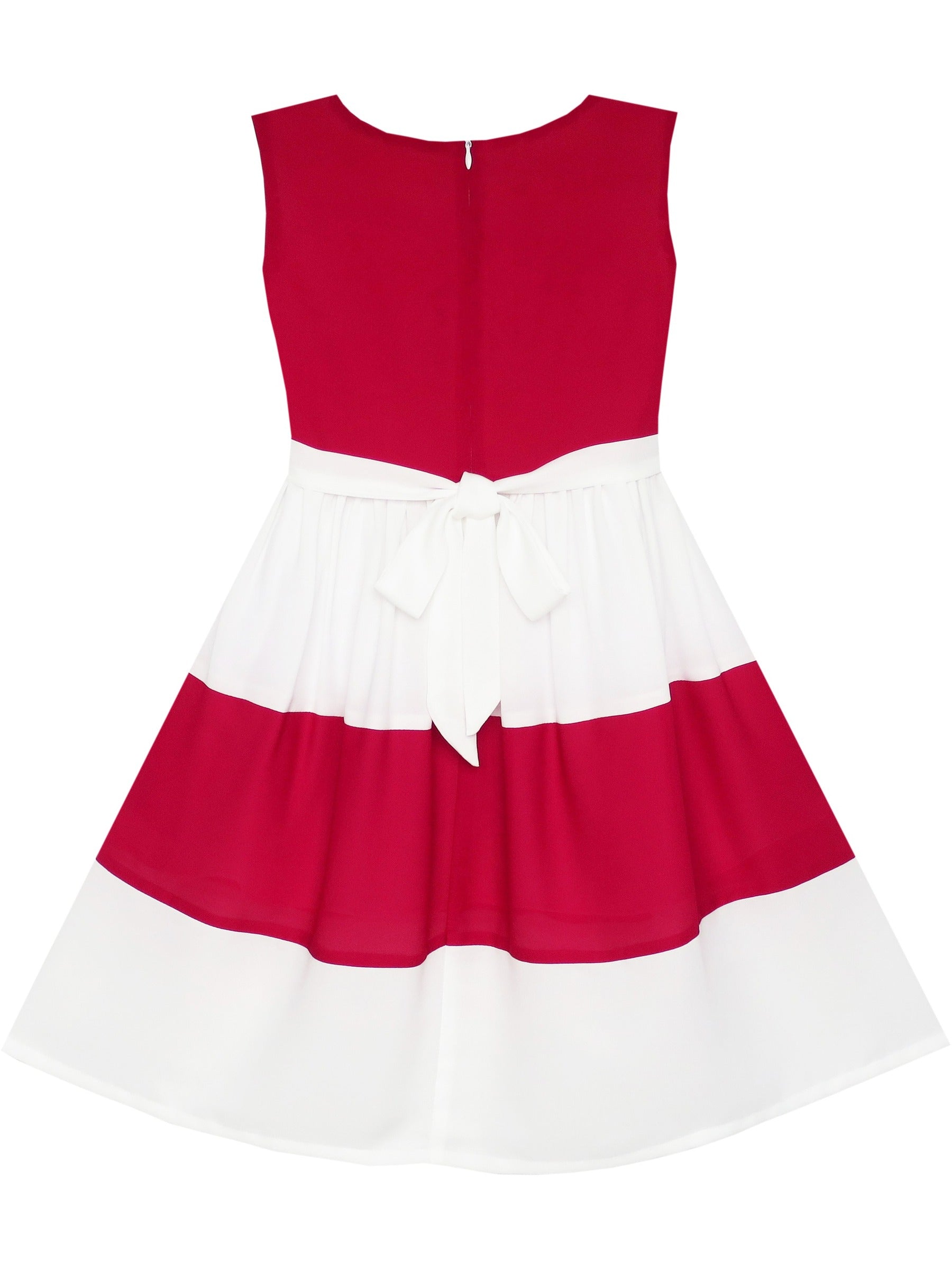 Girls Dress Pleated Collar Color Block Chiffon Sundress Red