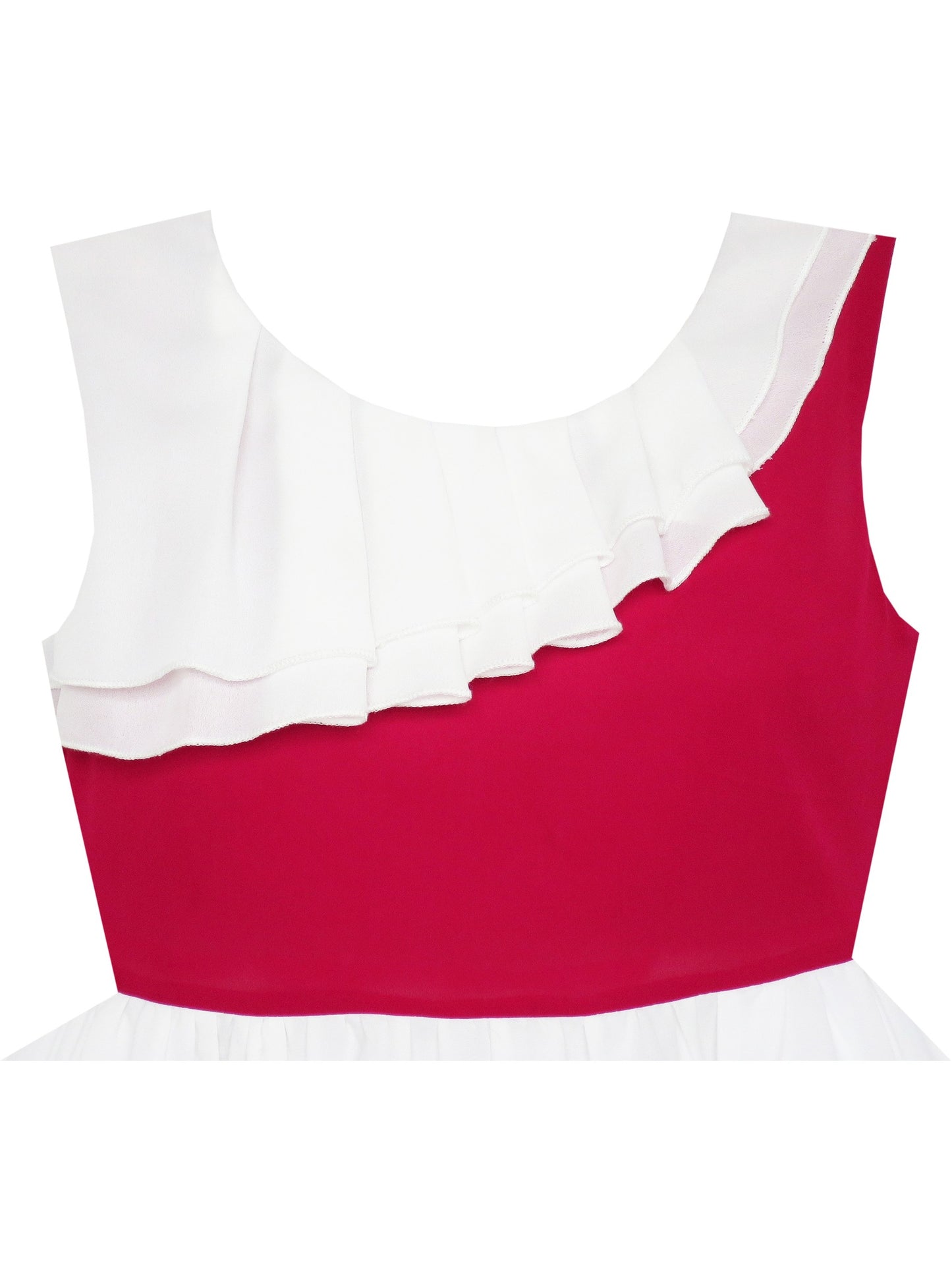 Girls Dress Pleated Collar Color Block Chiffon Sundress Red