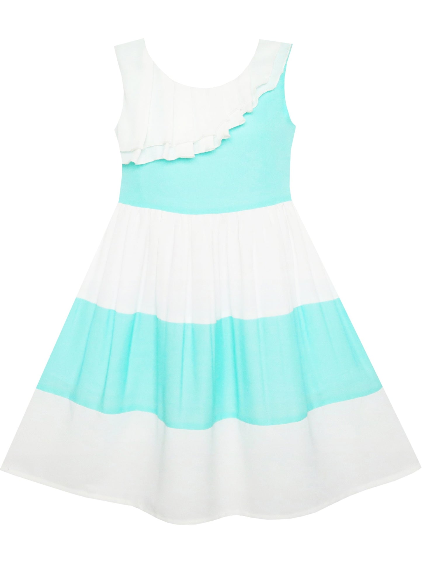 Girls Dress Pleated Collar Color Block Chiffon Sundress Green