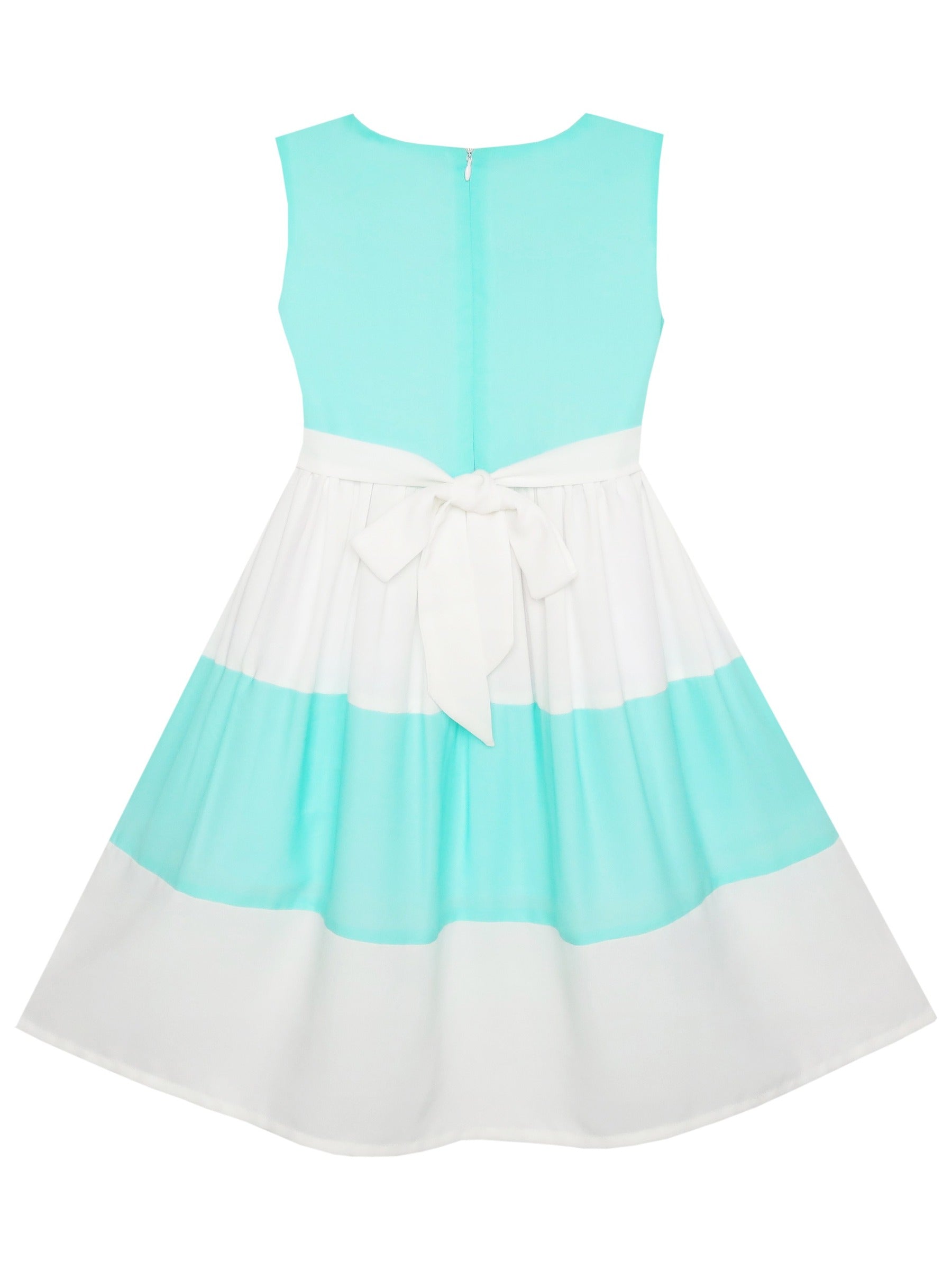 Girls Dress Pleated Collar Color Block Chiffon Sundress Green