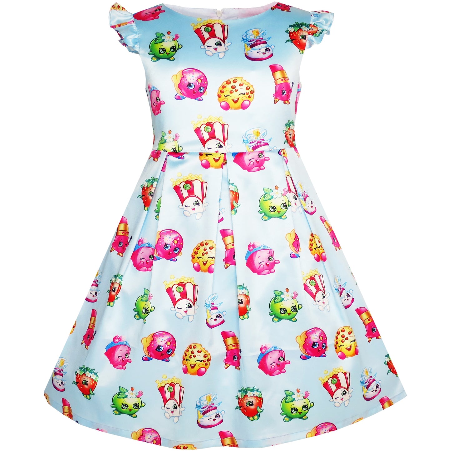 Girls Dress Cute Cartoon Print Cap Sleeve Party Sundress Blue