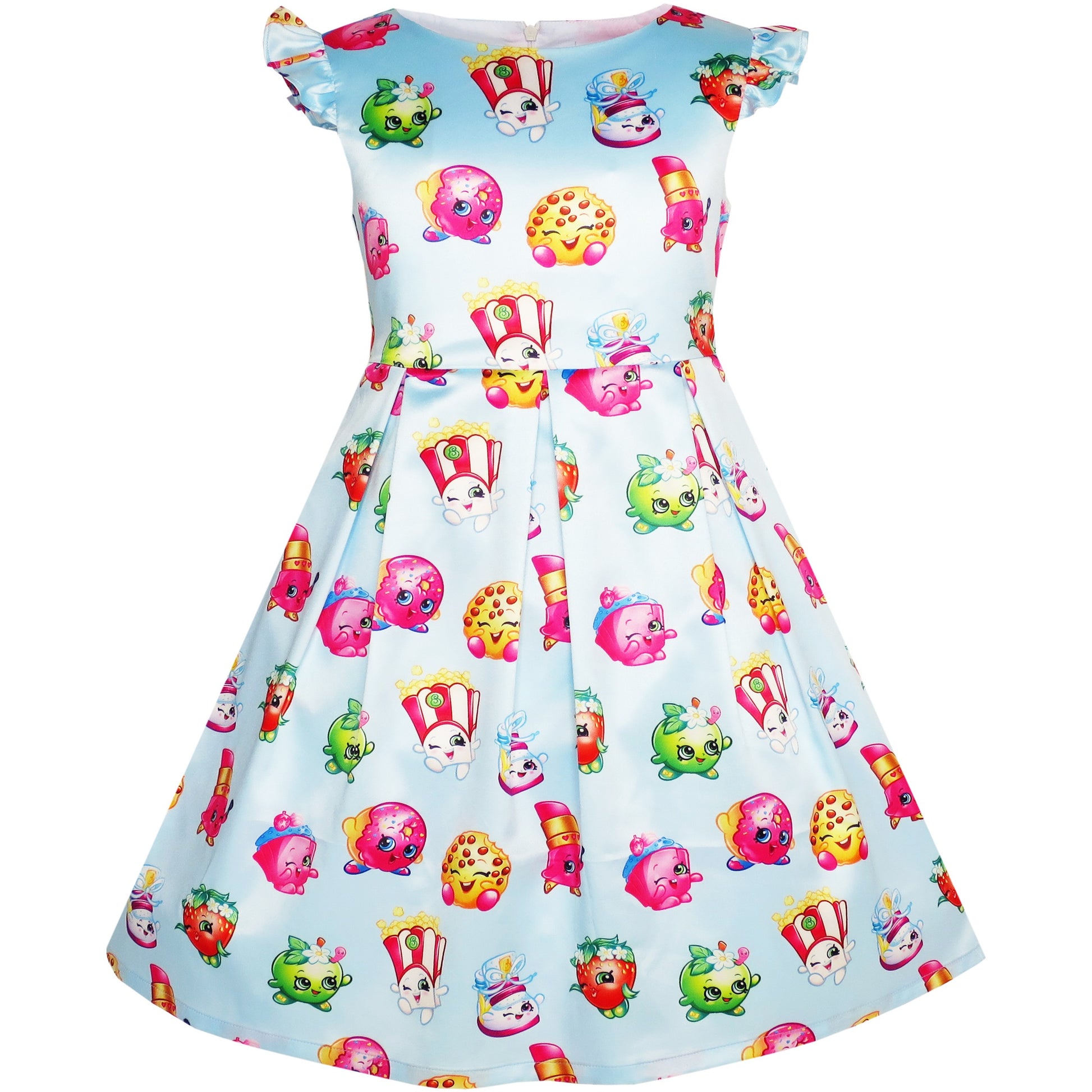 Girls Dress Cute Cartoon Print Cap Sleeve Party Sundress Blue
