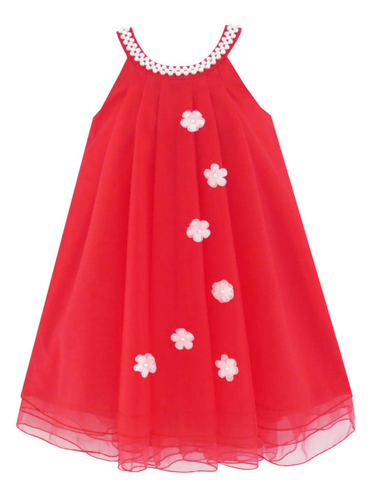 Flower Girls Dress Halter Dress Pearl Party Wedding Birthday Red