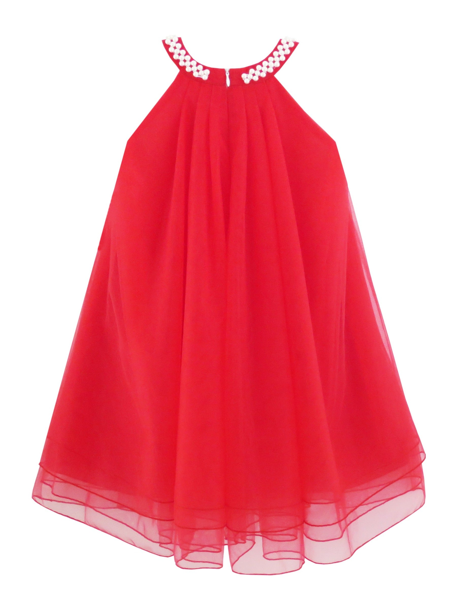 Flower Girls Dress Halter Dress Pearl Party Wedding Birthday Red