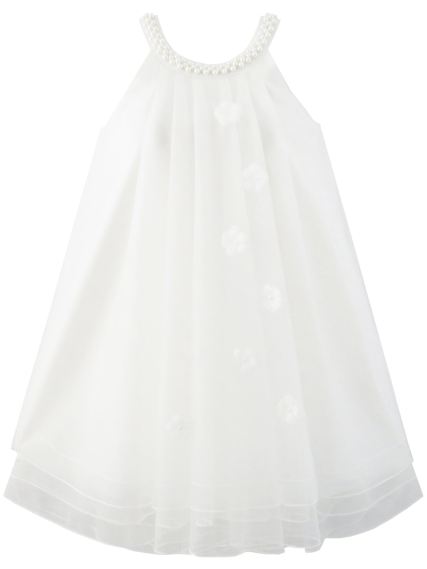 Flower Girls Dress Halter Dress Pearl Party Wedding Birthday White