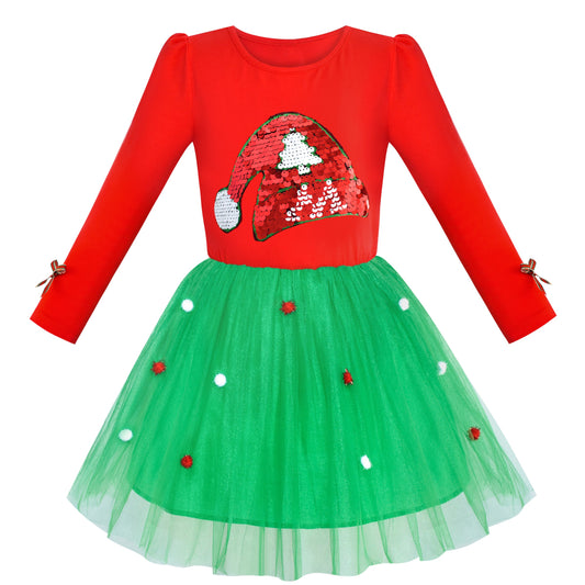 Girls Dress Christmas Reindeer Long Sleeve Party Dress Red
