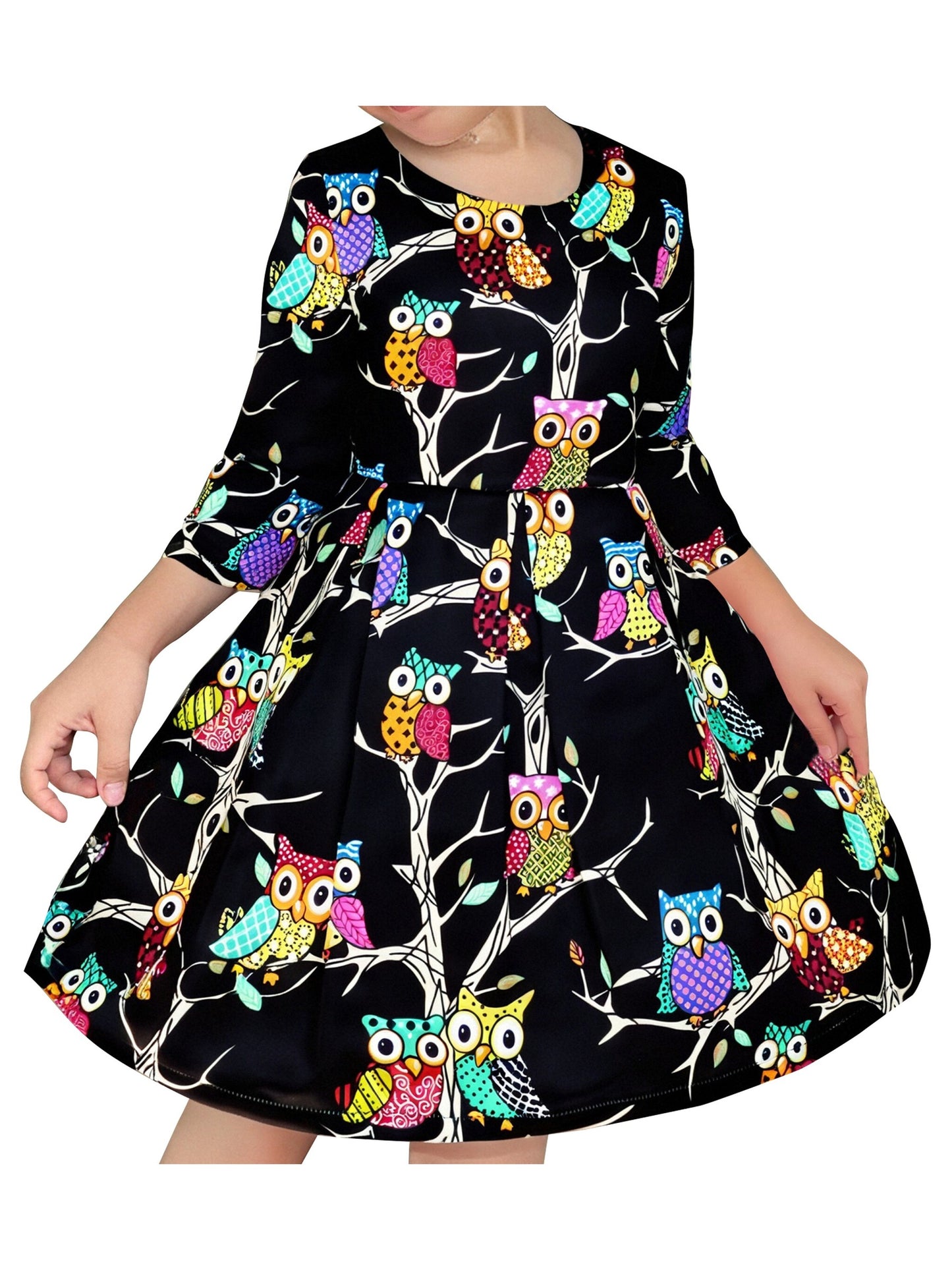 Girls Dress Satin Silk Butterfly City Building View Pink Black