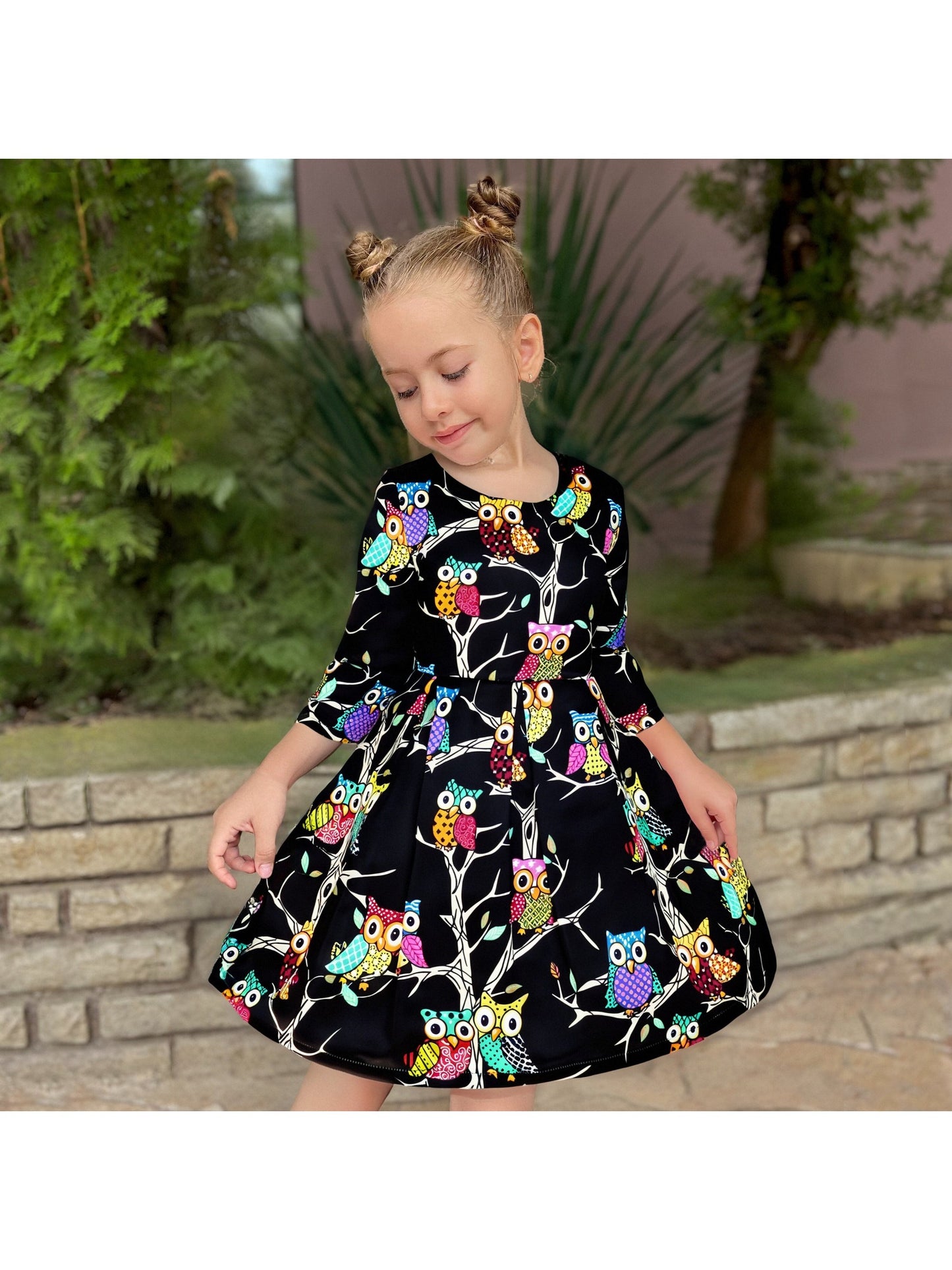 Girls Dress Satin Silk Butterfly City Building View Pink Black