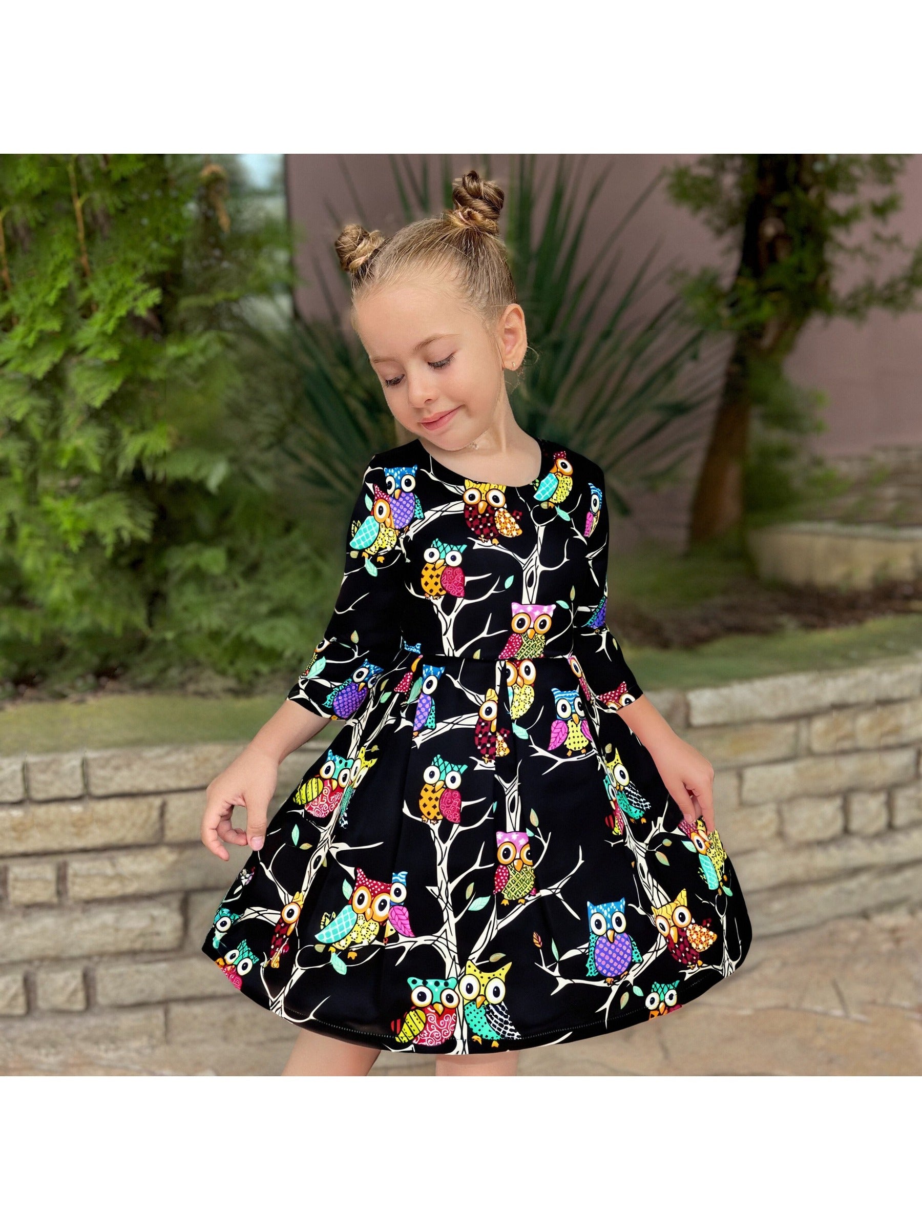 Girls Dress Satin Silk Butterfly City Building View Pink Black