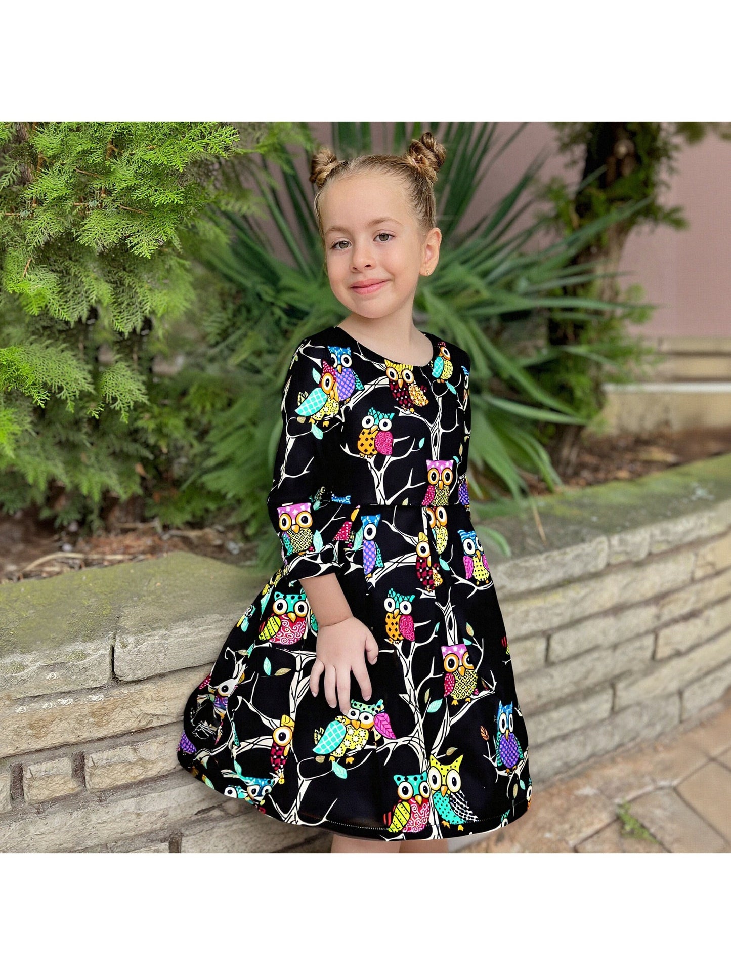 Girls Dress Satin Silk Butterfly City Building View Pink Black