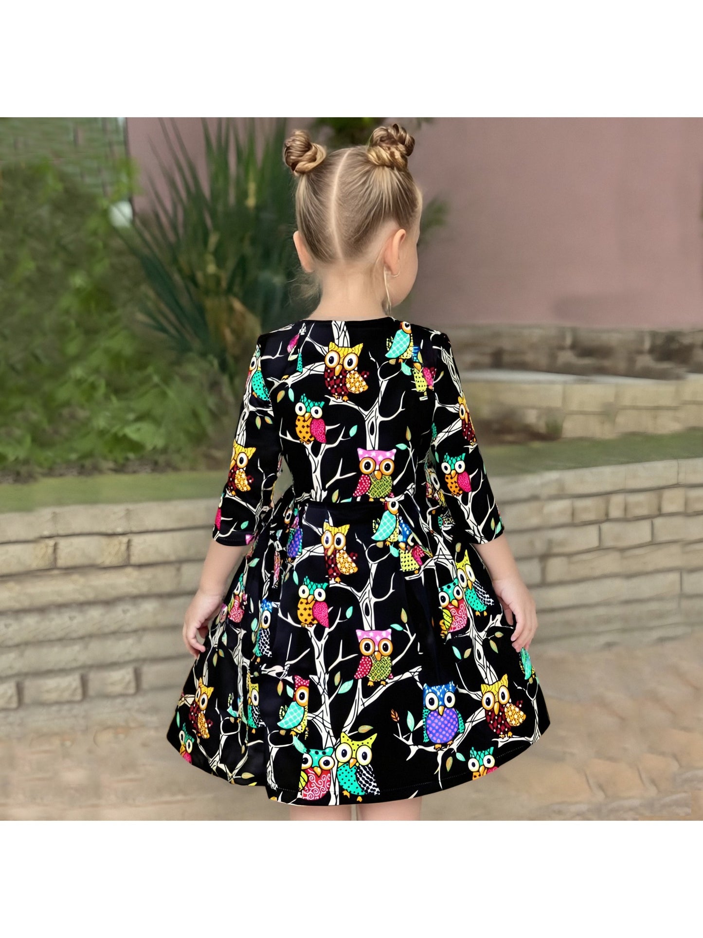 Girls Dress Satin Silk Butterfly City Building View Pink Black