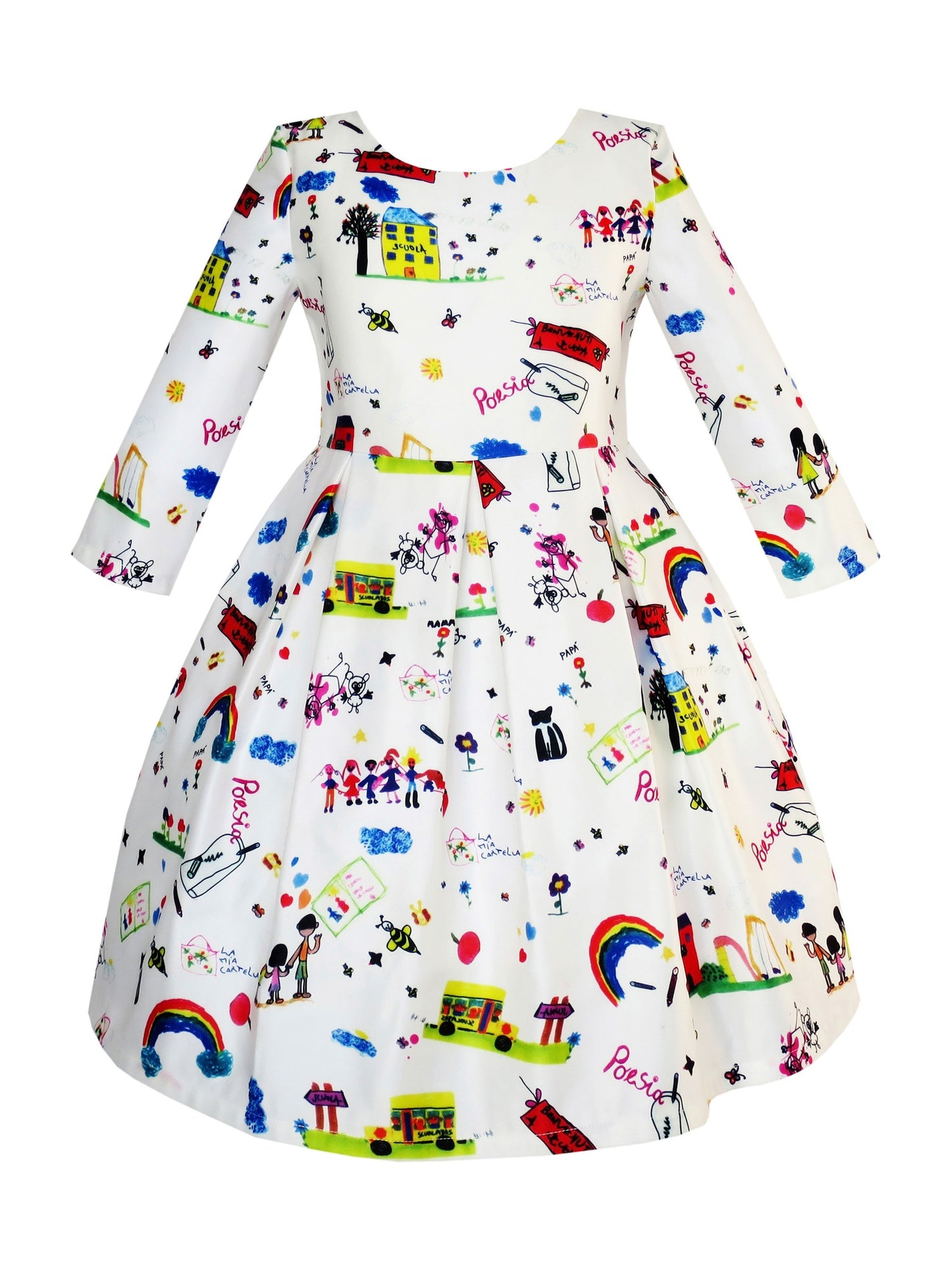Girls Dress Satin Silk Butterfly City Building View Pink White