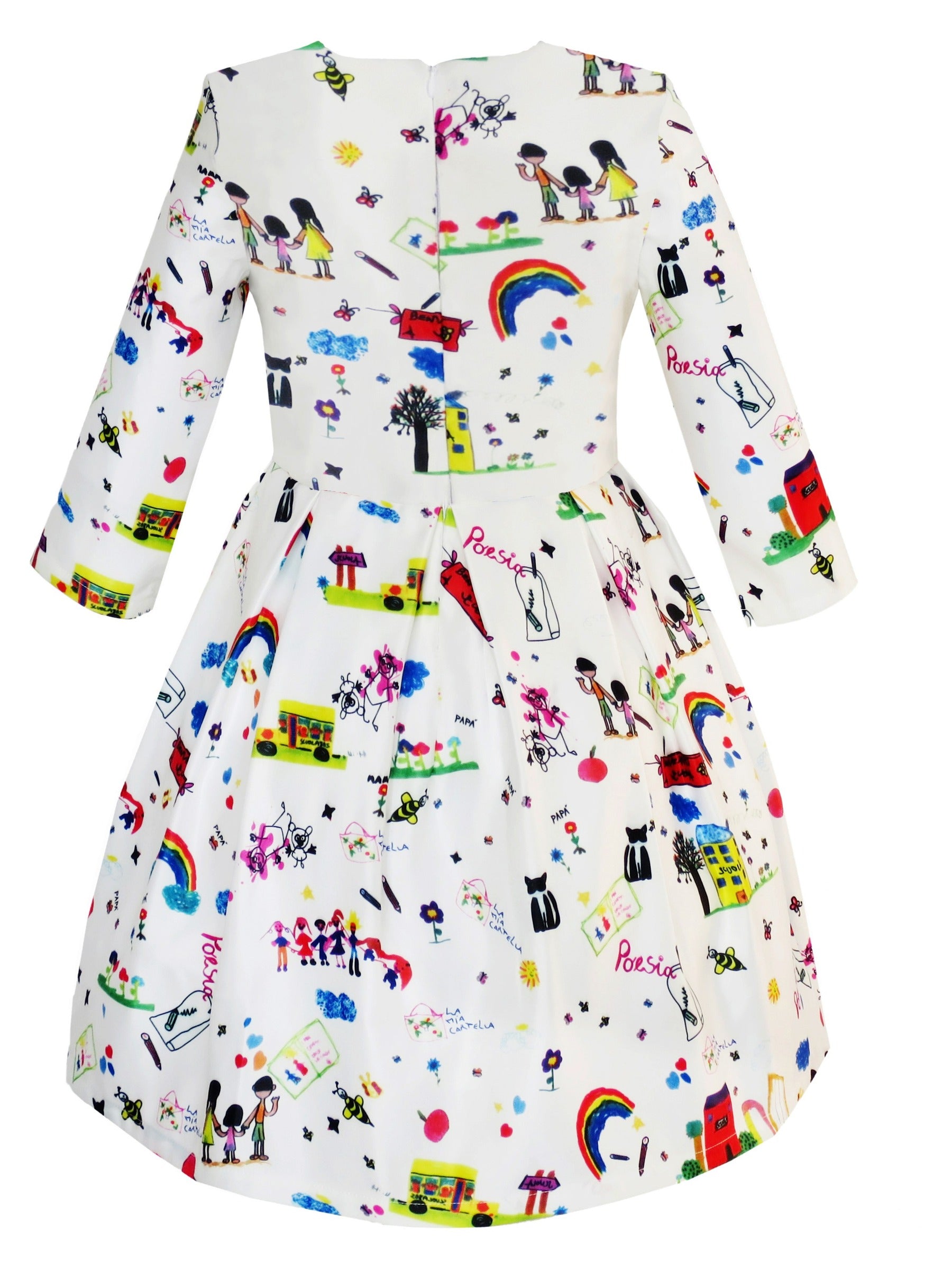 Girls Dress Satin Silk Butterfly City Building View Pink White