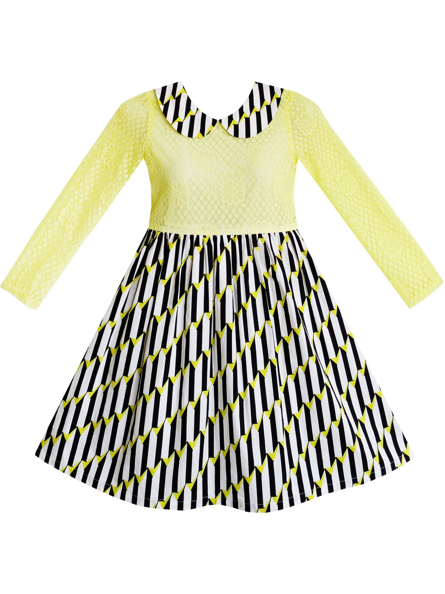 Girls Dress Lace Pearl Plum Blossom Elegant Princess Dress Yellow