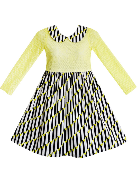 Girls Dress Lace Pearl Plum Blossom Elegant Princess Dress Yellow