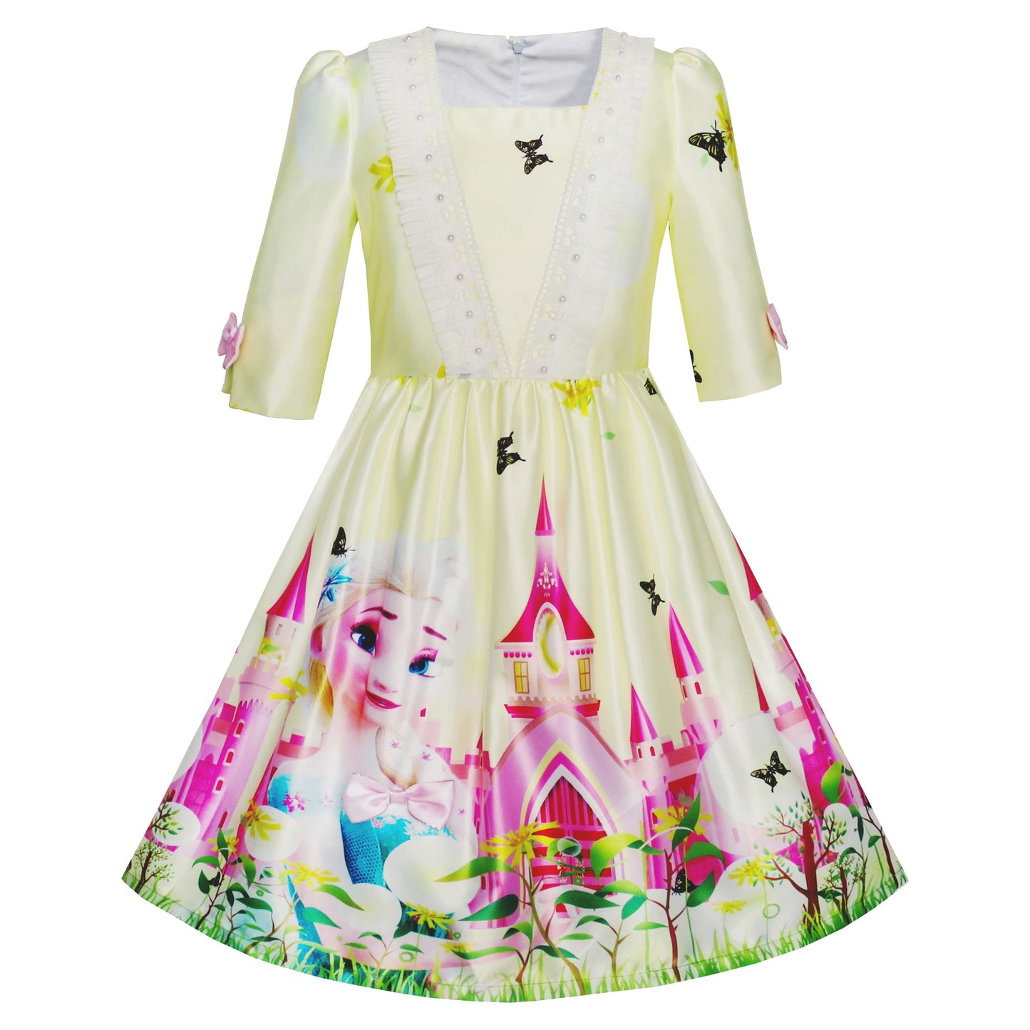 Girls Dress Princess Elsa Castle Butterfly 3/4 Sleeve Dress Multi-Color