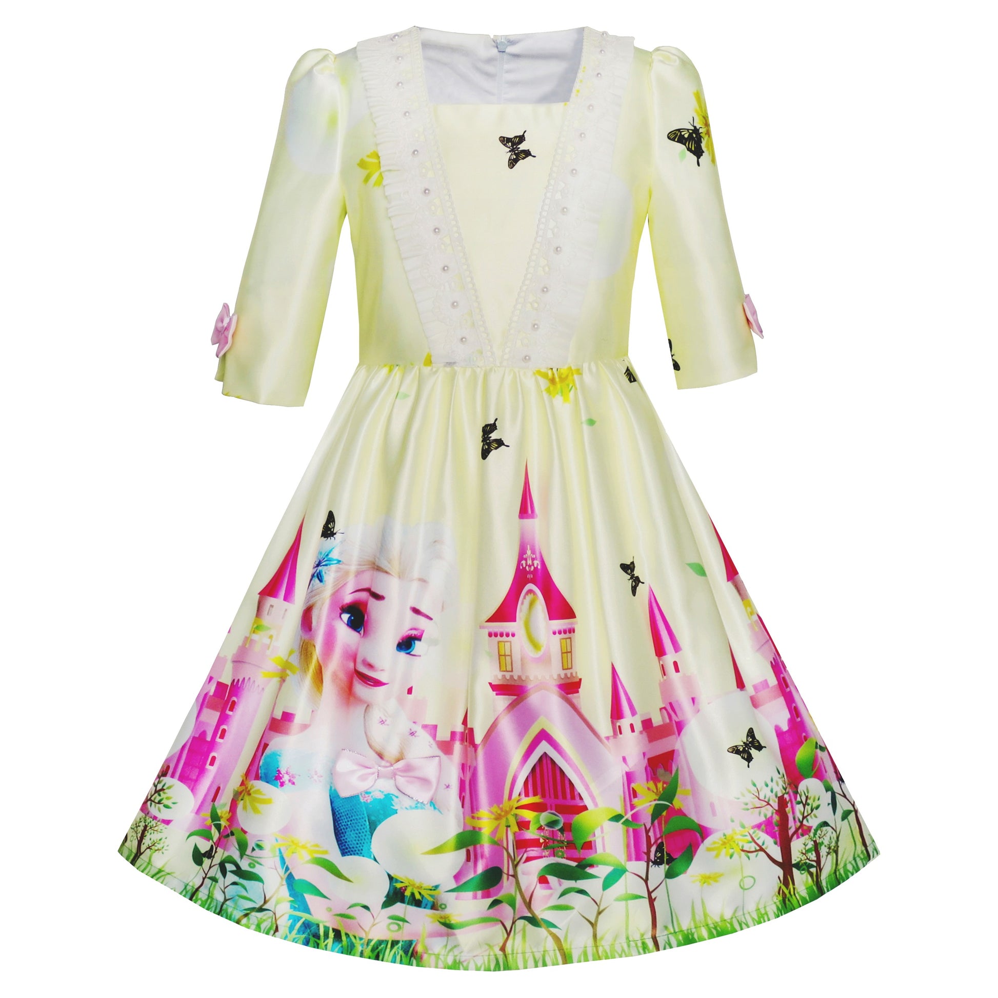 Girls Dress Princess Elsa Castle Butterfly 3/4 Sleeve Dress Multi-Color