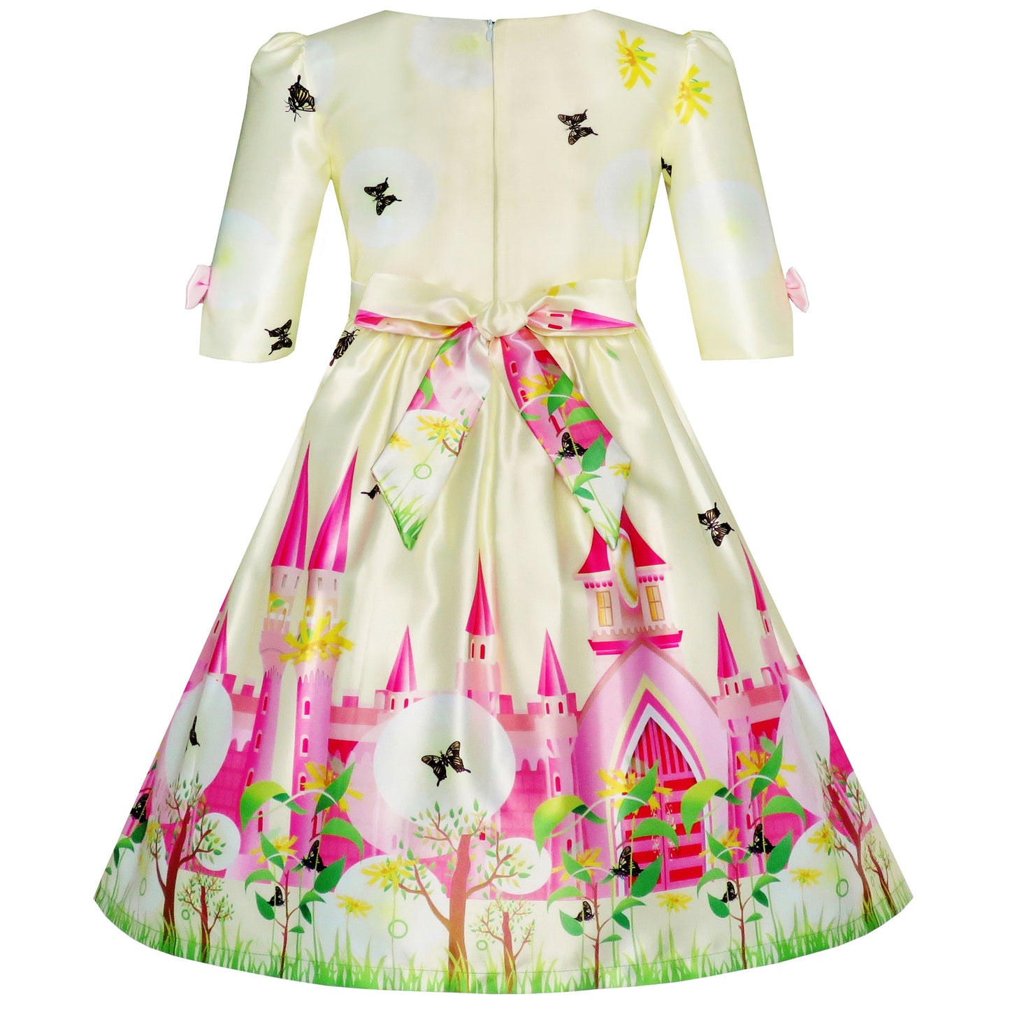 Girls Dress Princess Elsa Castle Butterfly 3/4 Sleeve Dress Multi-Color