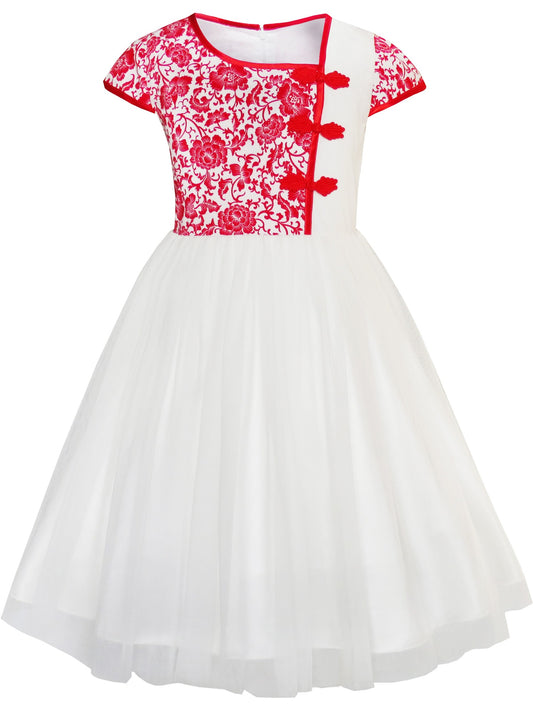Girls Dress Vintage Color Block Cap Sleeve Birthday Party Red
