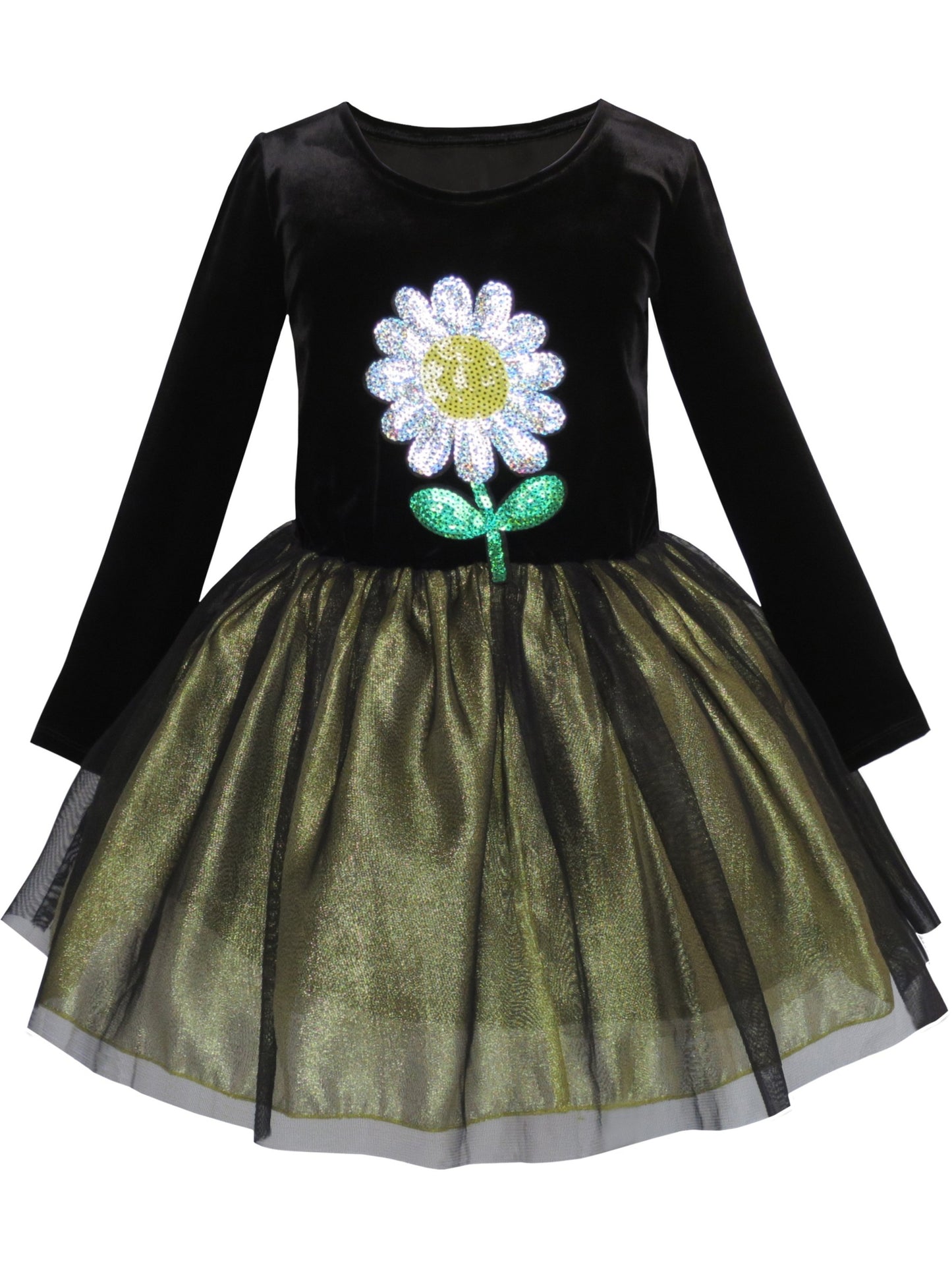 Girls Dress Flower Embroidered Long Sleeve Tulle Dress Black