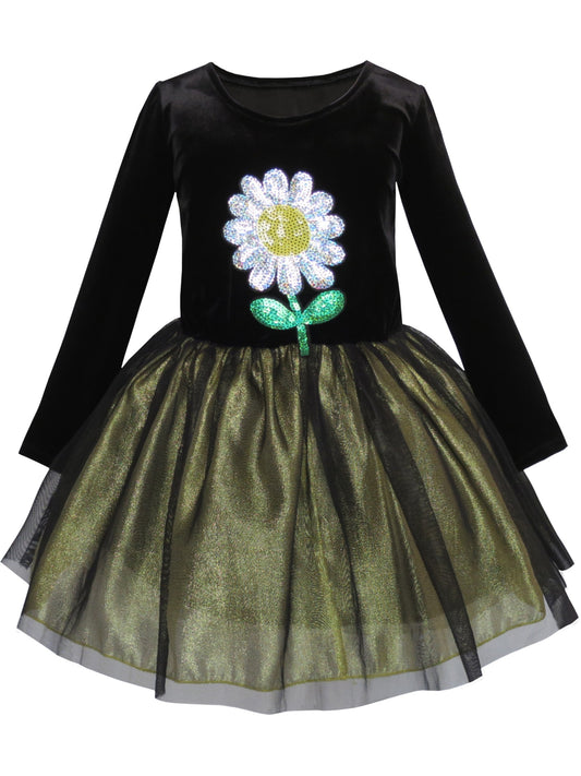 Girls Dress Flower Embroidered Long Sleeve Tulle Dress Black