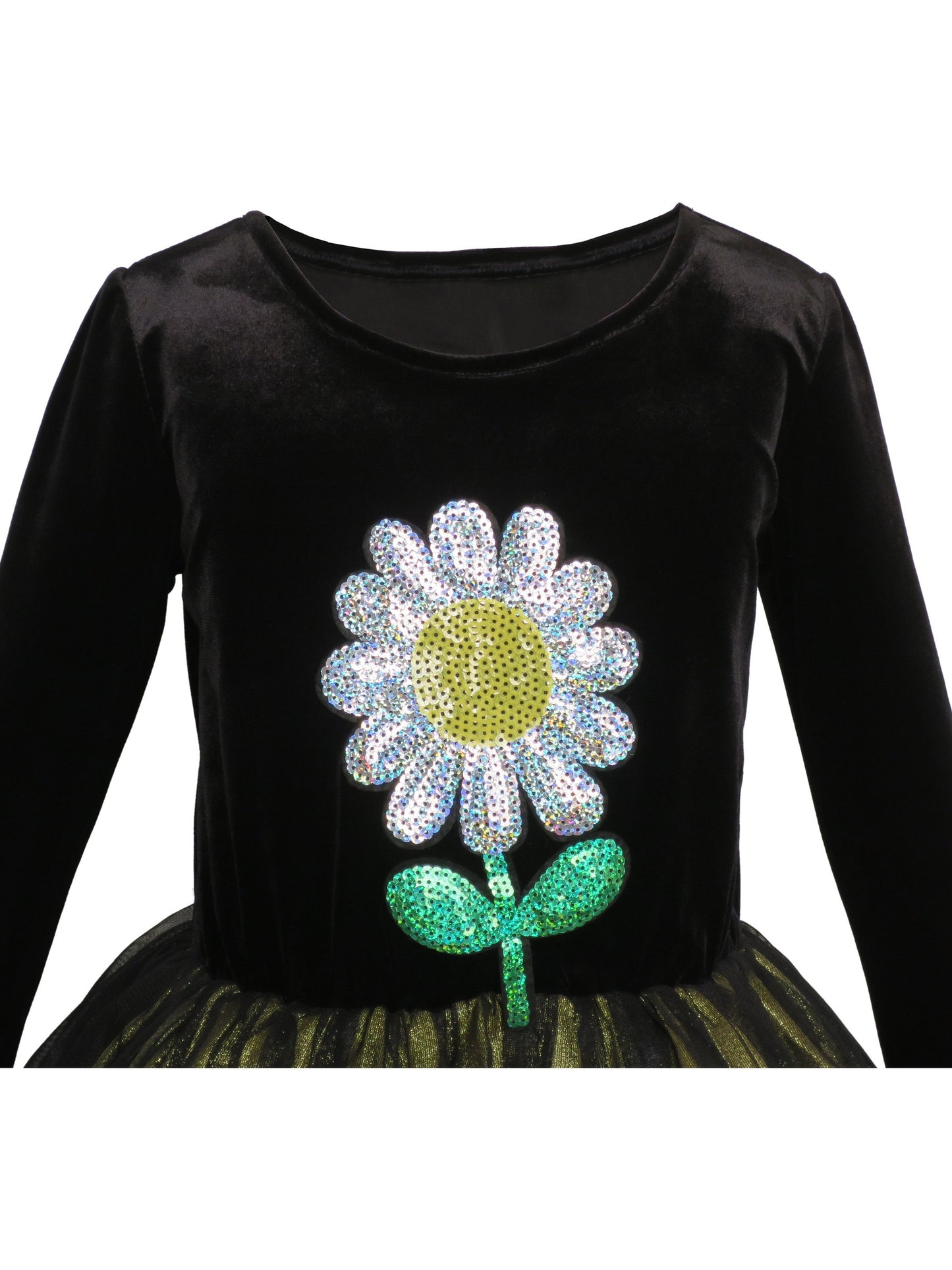 Girls Dress Flower Embroidered Long Sleeve Tulle Dress Black