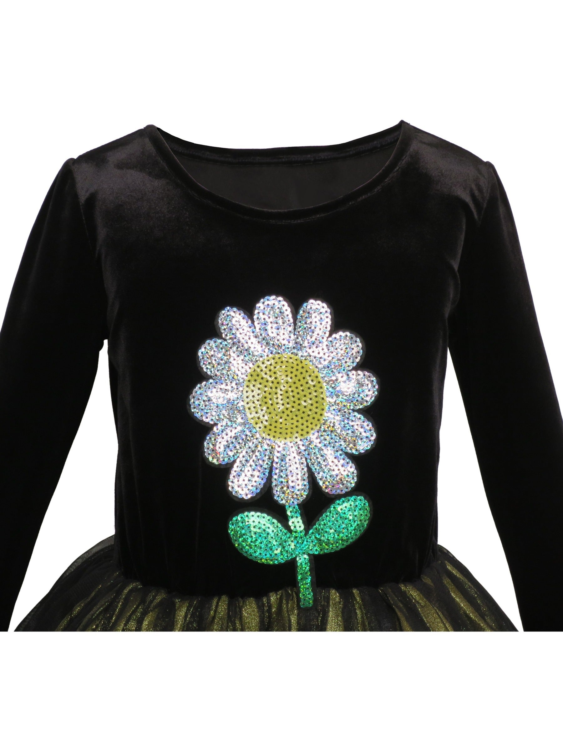 Girls Dress Flower Embroidered Long Sleeve Tulle Dress Black