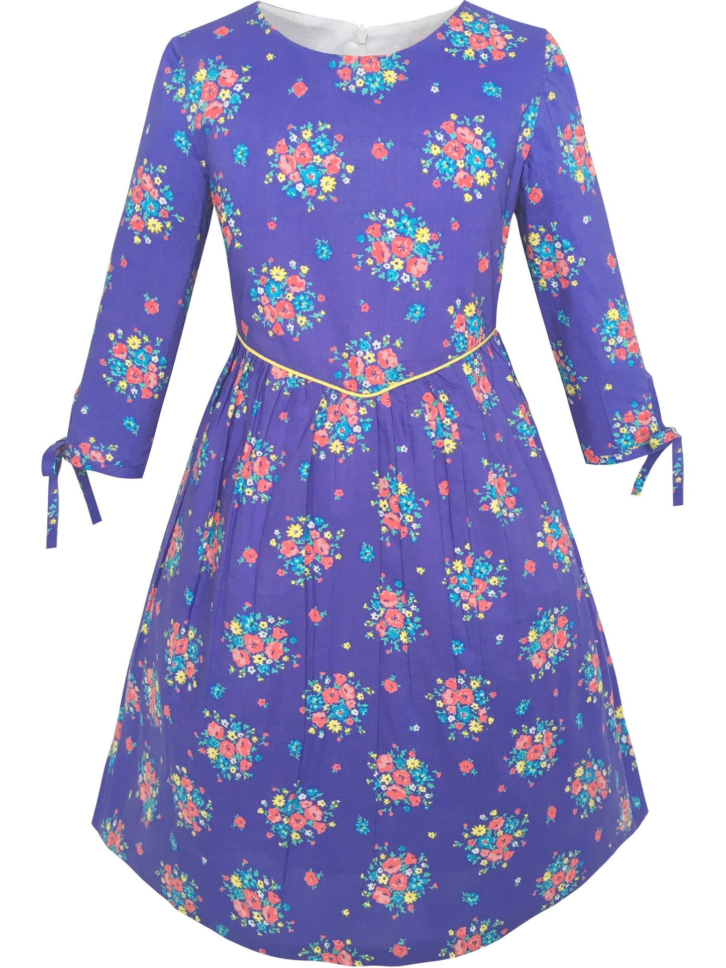 Girls Dress Purple Flower 3/4 Sleeve Princess Party Dress Purple