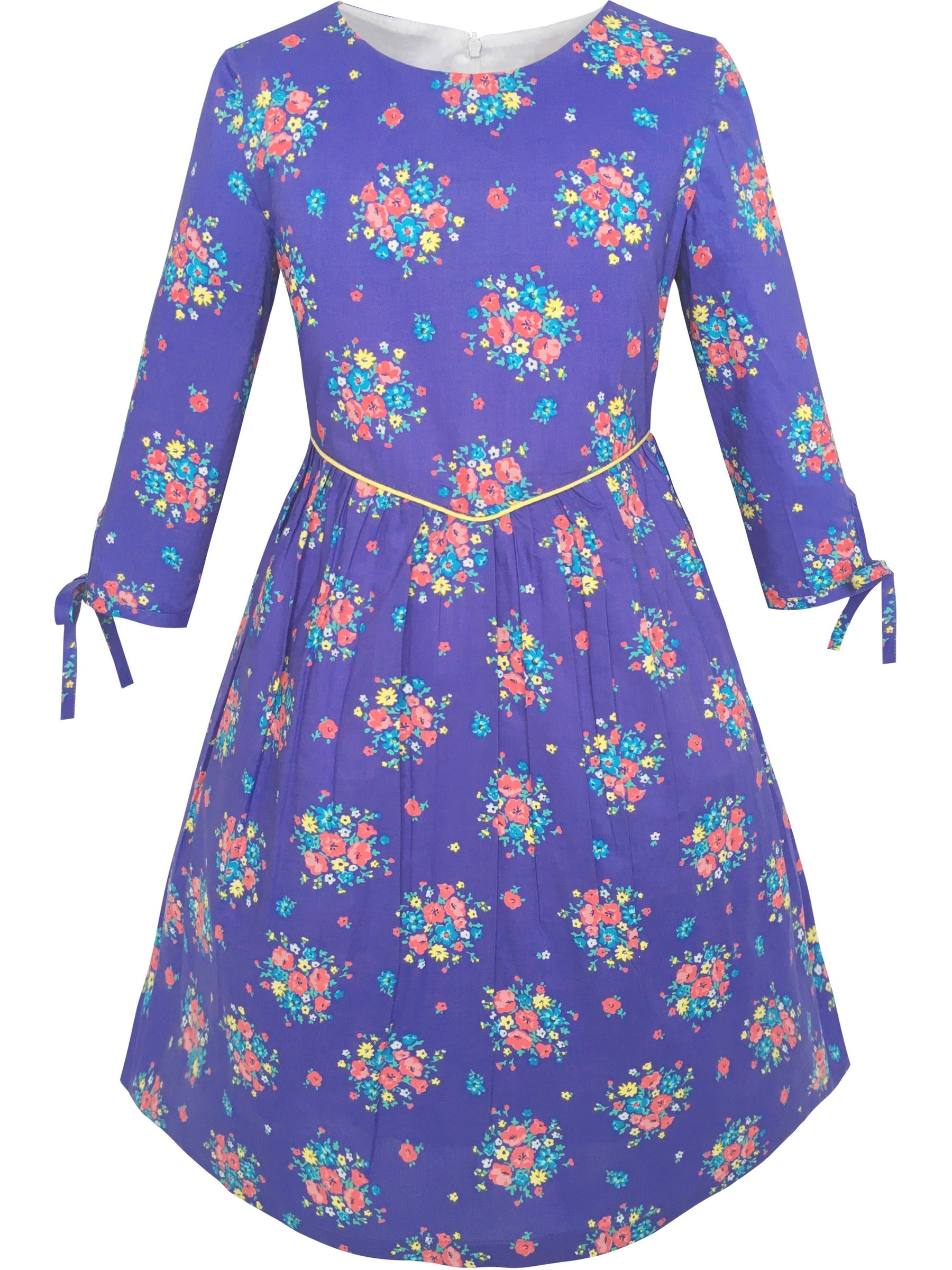 Girls Dress Purple Flower 3/4 Sleeve Princess Party Dress Purple