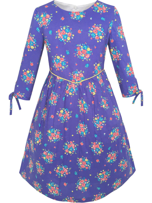 Girls Dress Purple Flower 3/4 Sleeve Princess Party Dress Purple