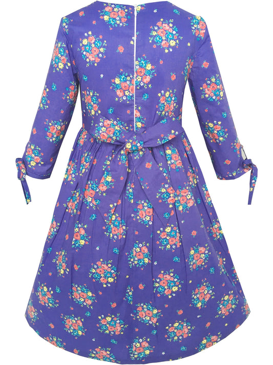 Girls Dress Purple Flower 3/4 Sleeve Princess Party Dress Purple