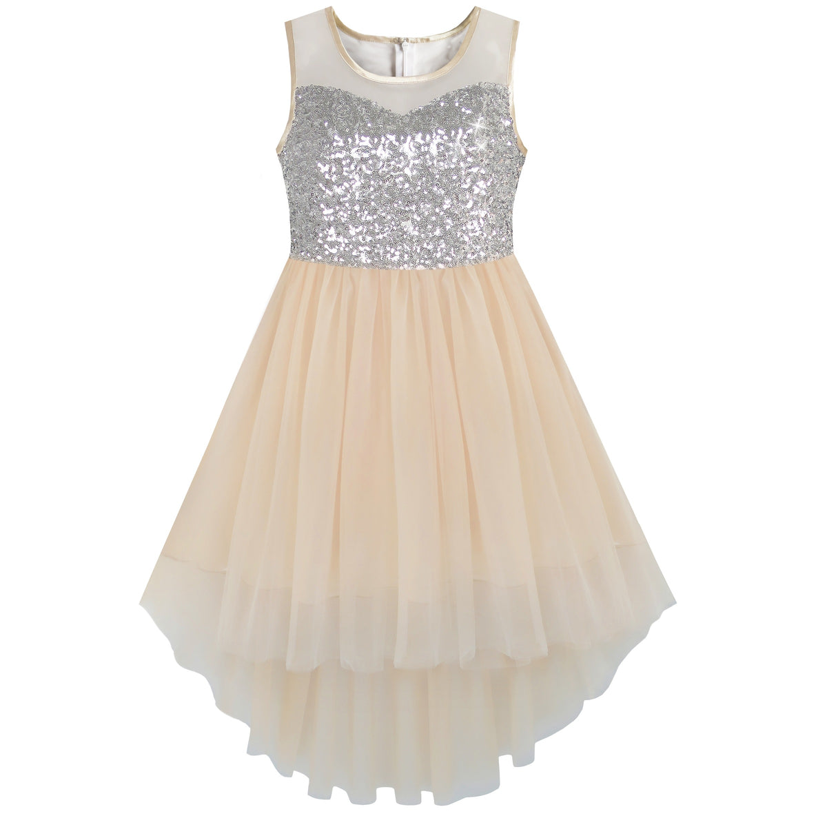 Girls Dress Sequin Mesh Party Wedding Princess Tulle Red - Beige Sequin