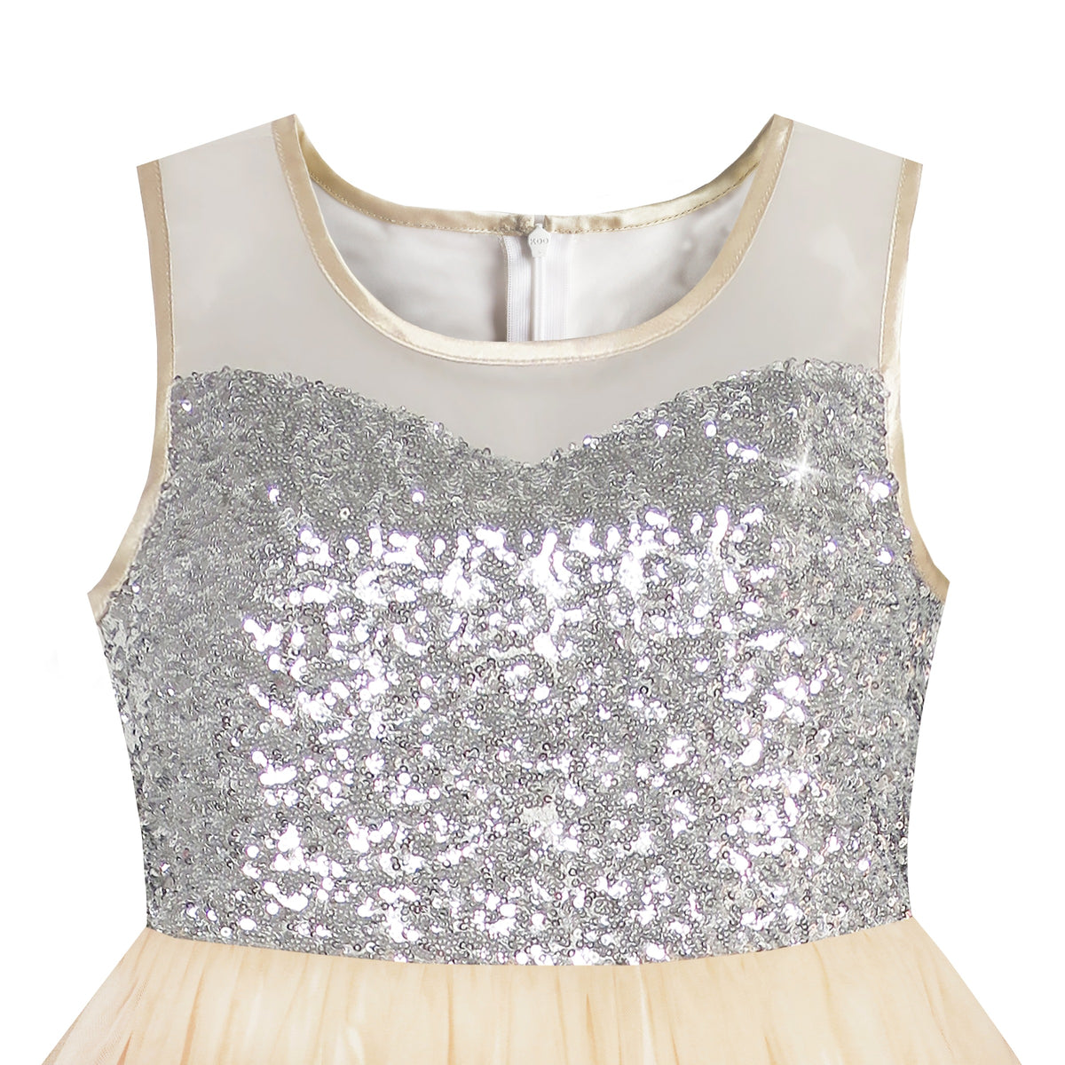 Girls Dress Sequin Mesh Party Wedding Princess Tulle Red - Beige Sequin