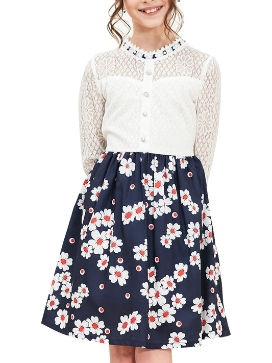 Girls Dress Lace Pearl Plum Blossom Elegant Princess Dress Blue