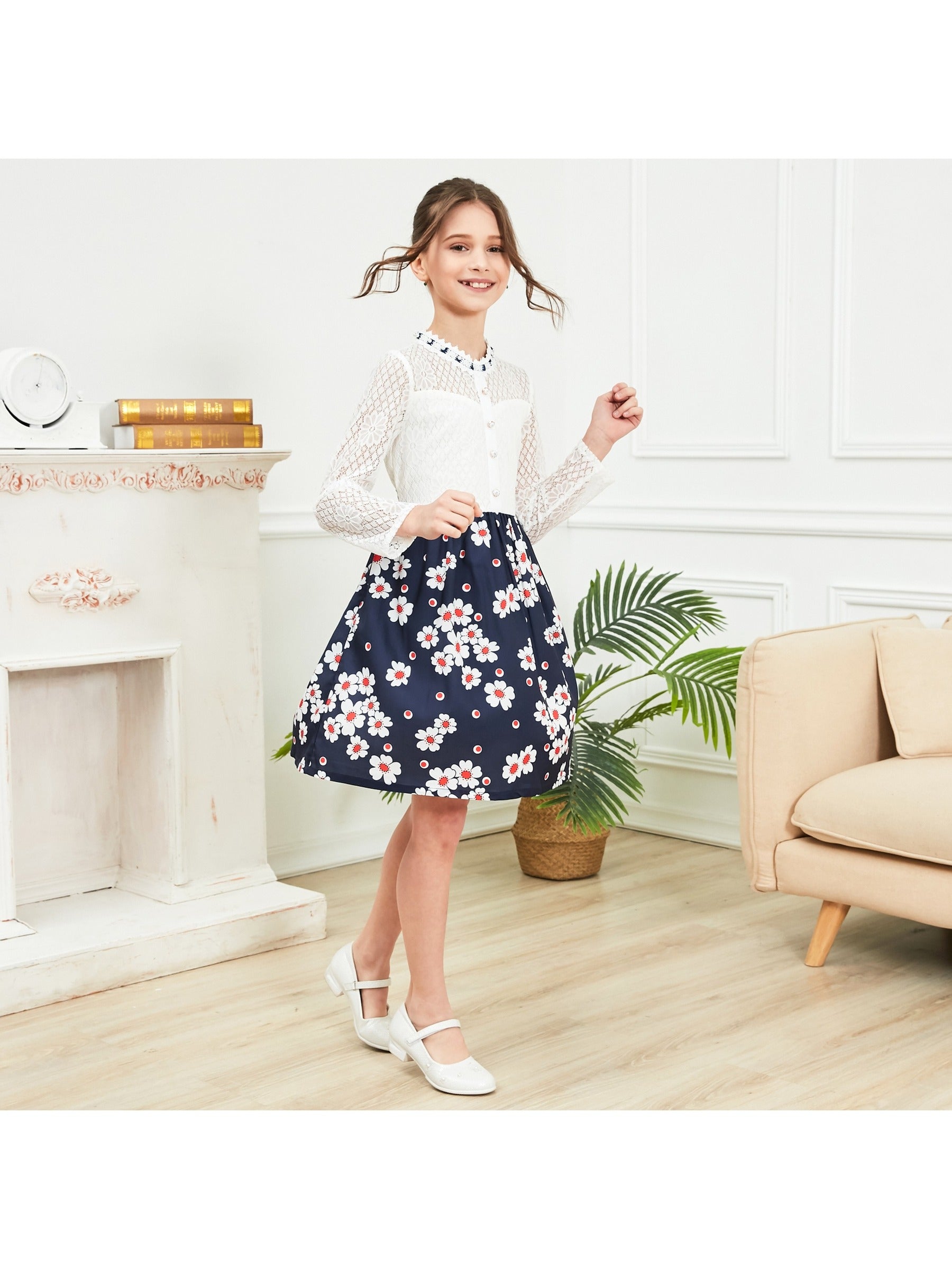 Girls Dress Lace Pearl Plum Blossom Elegant Princess Dress Blue
