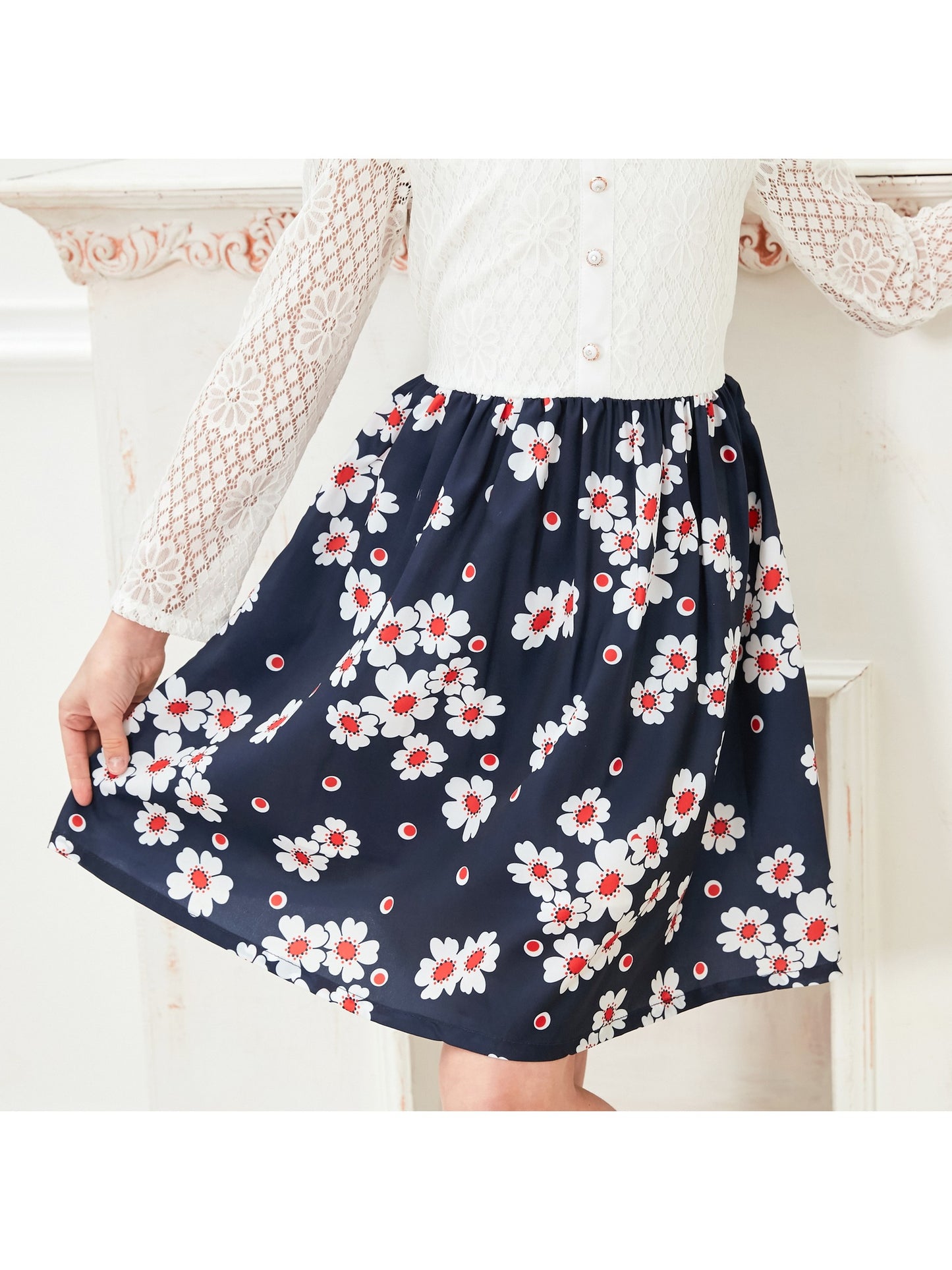 Girls Dress Lace Pearl Plum Blossom Elegant Princess Dress Blue