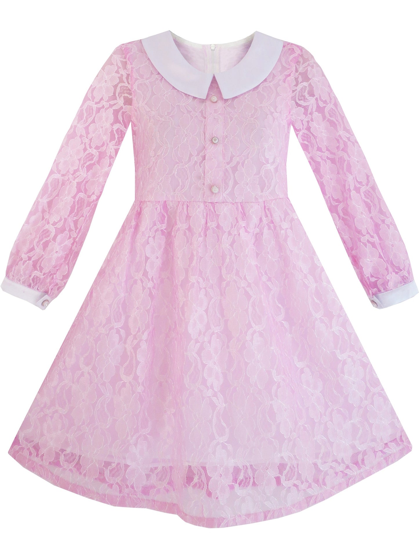 Girls Dress Flower Lace White Collar Skirt Dress Pink