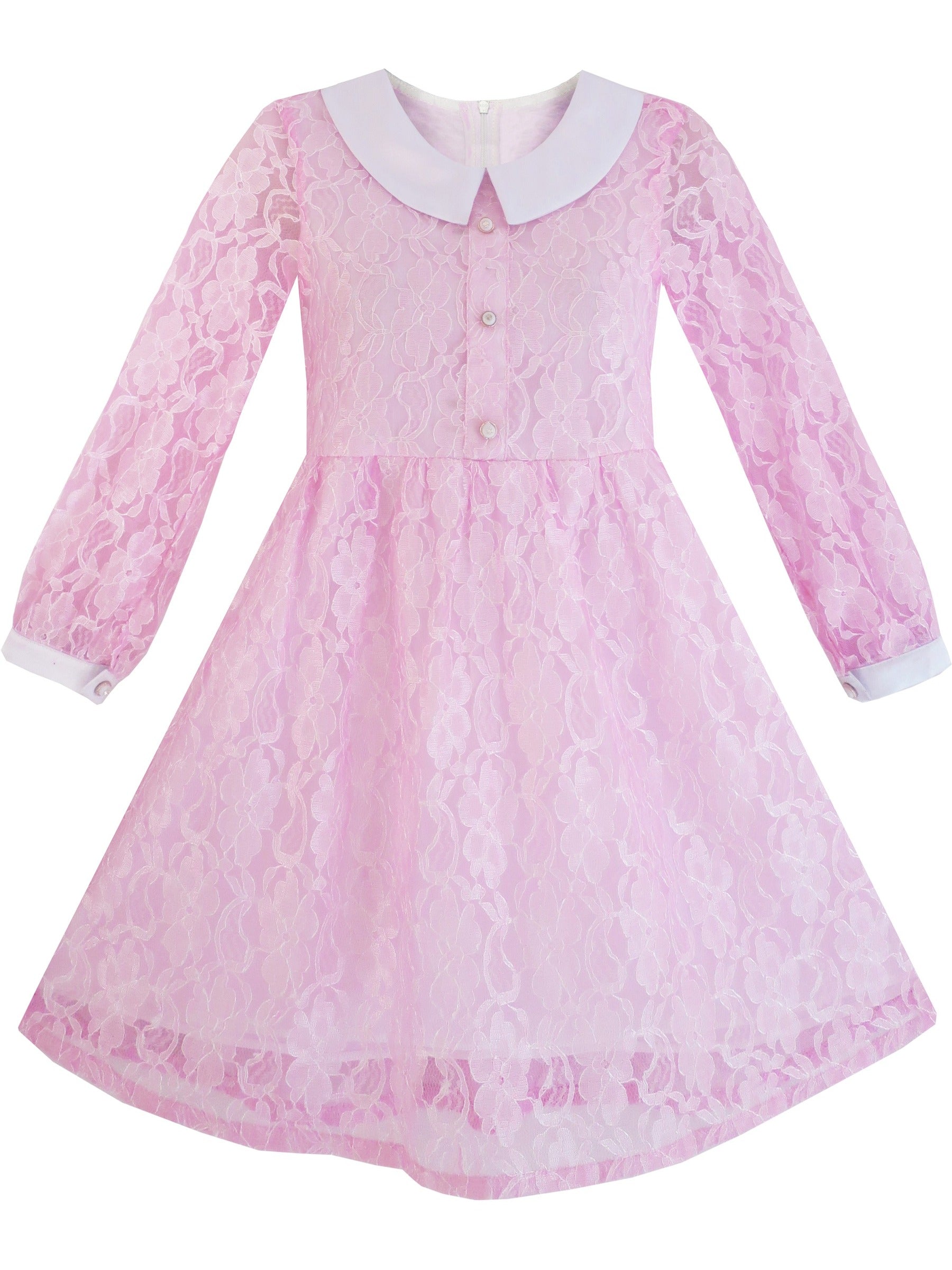 Girls Dress Flower Lace White Collar Skirt Dress Pink