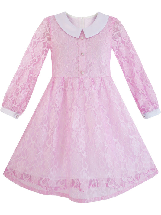 Girls Dress Flower Lace White Collar Skirt Dress Pink