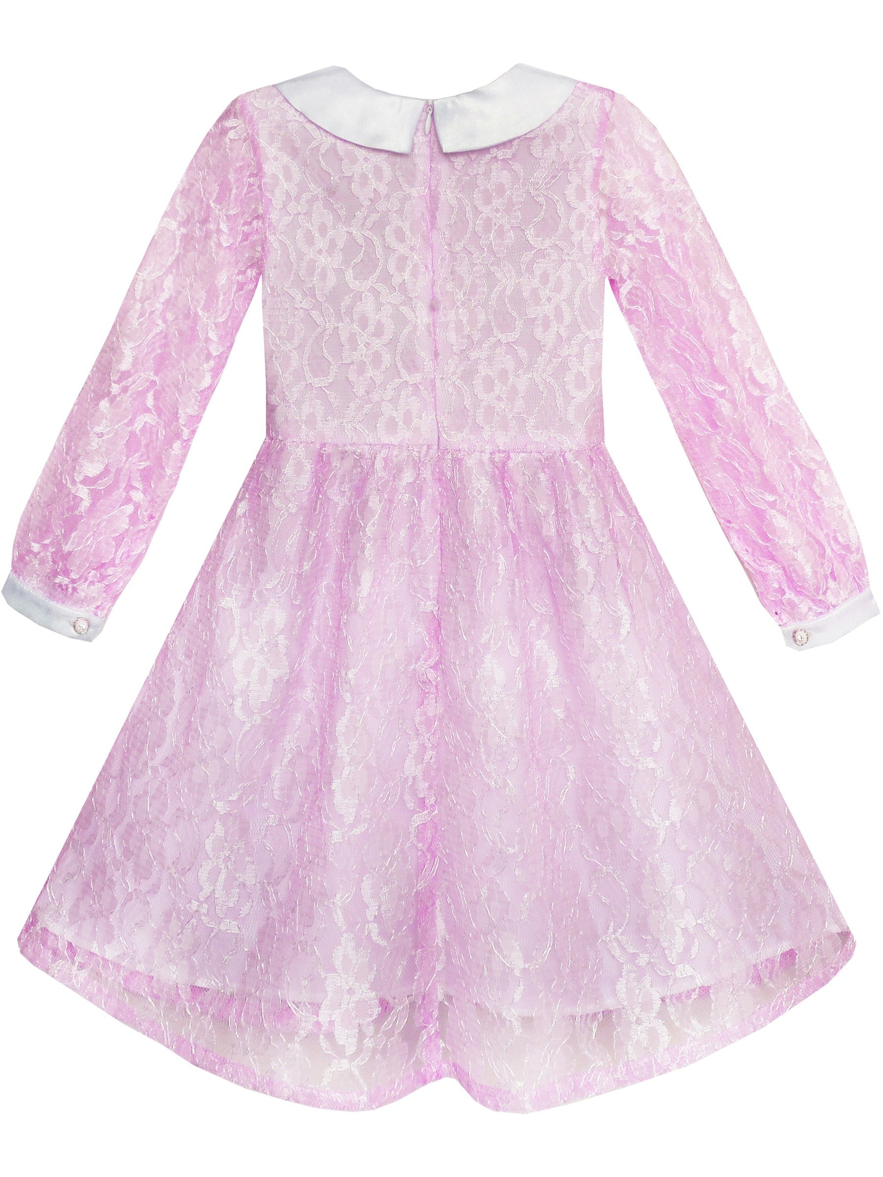 Girls Dress Flower Lace White Collar Skirt Dress Pink