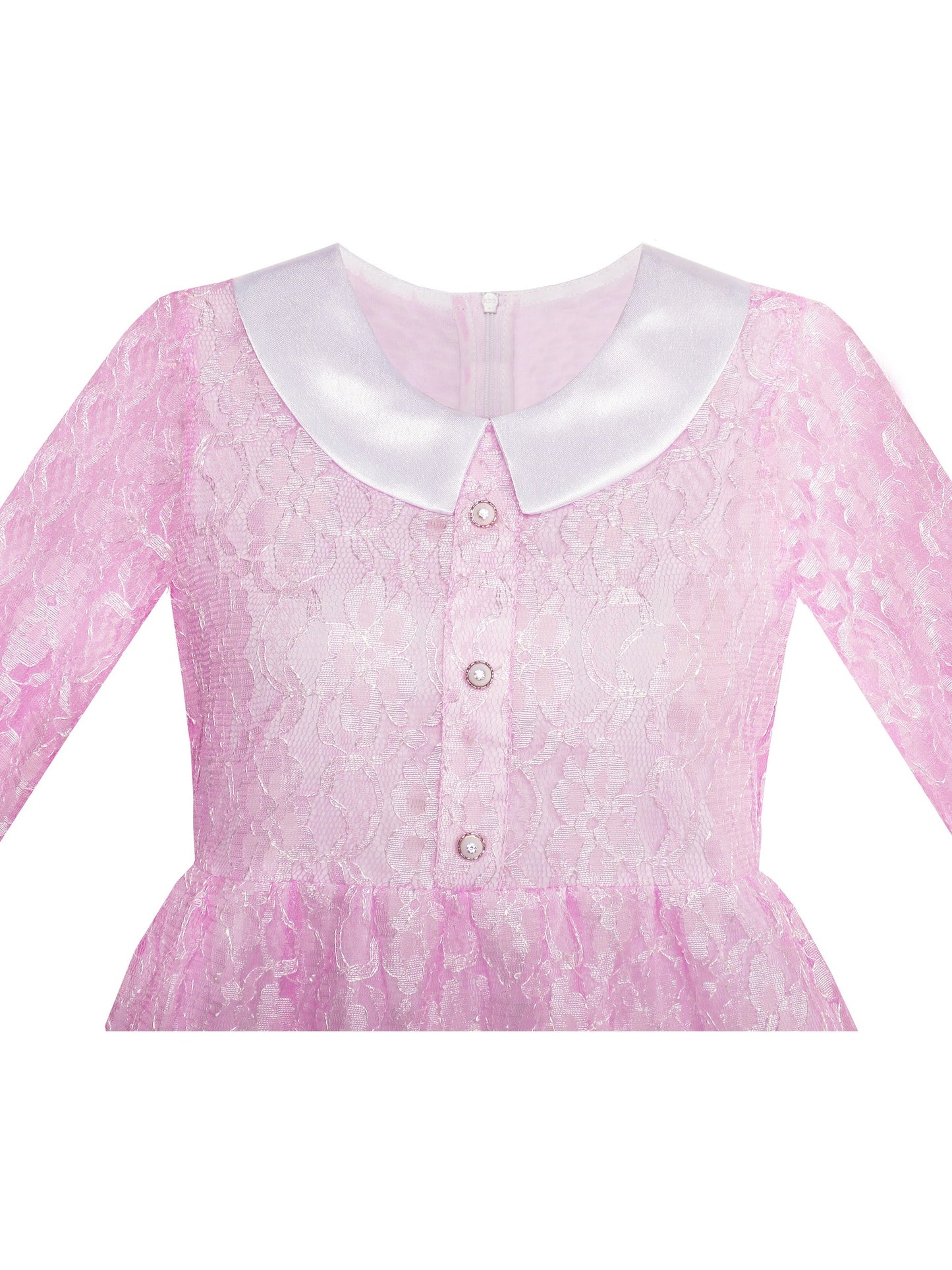 Girls Dress Flower Lace White Collar Skirt Dress Pink