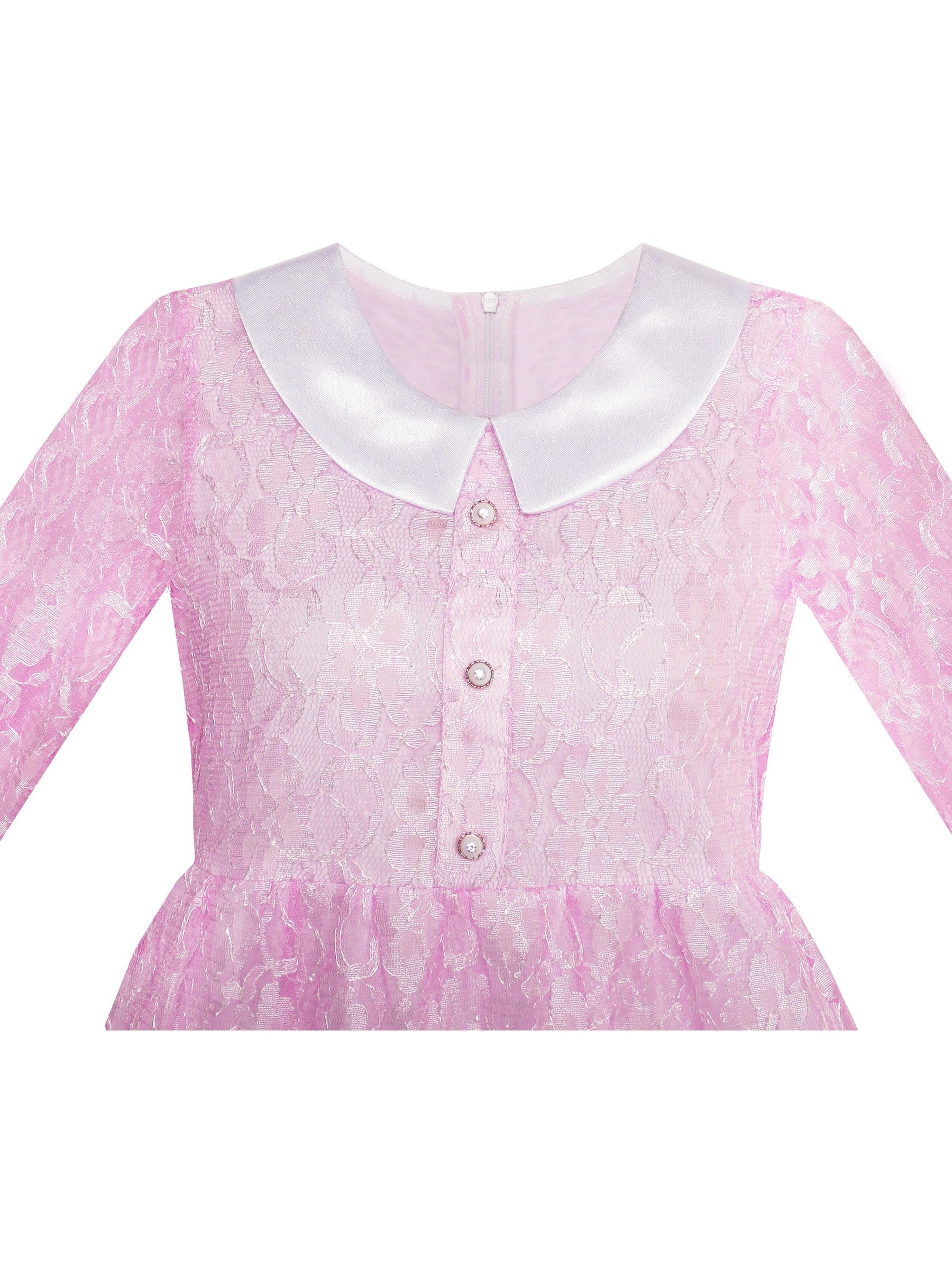 Girls Dress Flower Lace White Collar Skirt Dress Pink