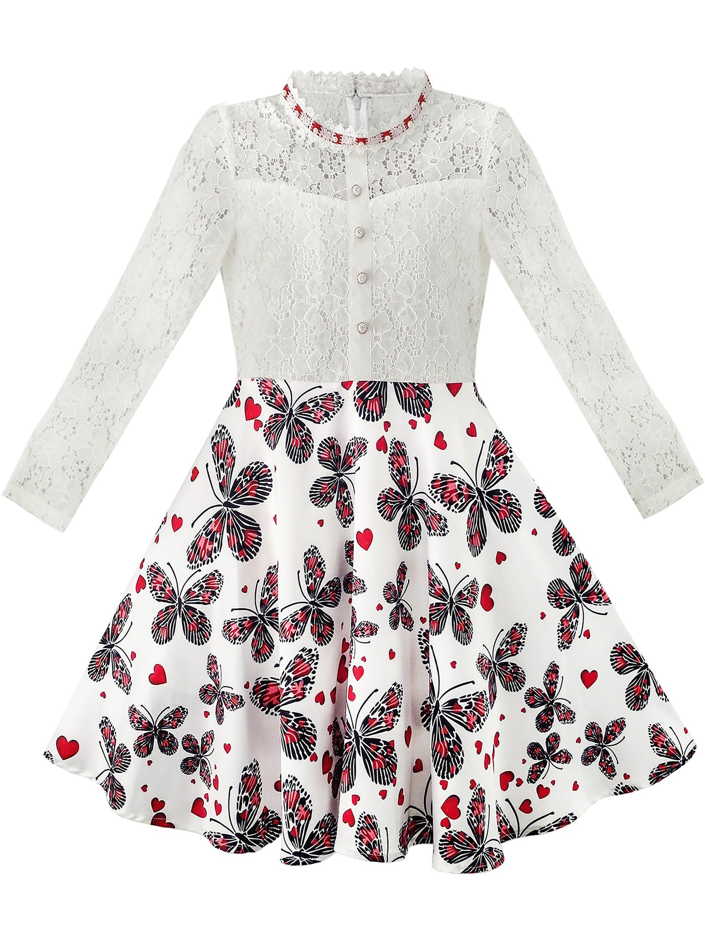 Girls Dress Lace Pearl Plum Blossom Elegant Princess Dress Multi-Color