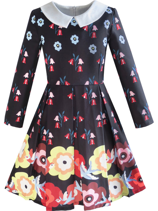 Girls Dress 3/4 Sleeve Elegant Black Checkered Red Flower Multi-Color