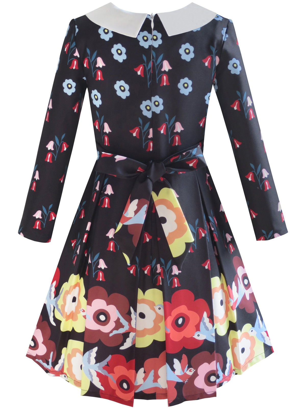 Girls Dress 3/4 Sleeve Elegant Black Checkered Red Flower - Multicolor Flower
