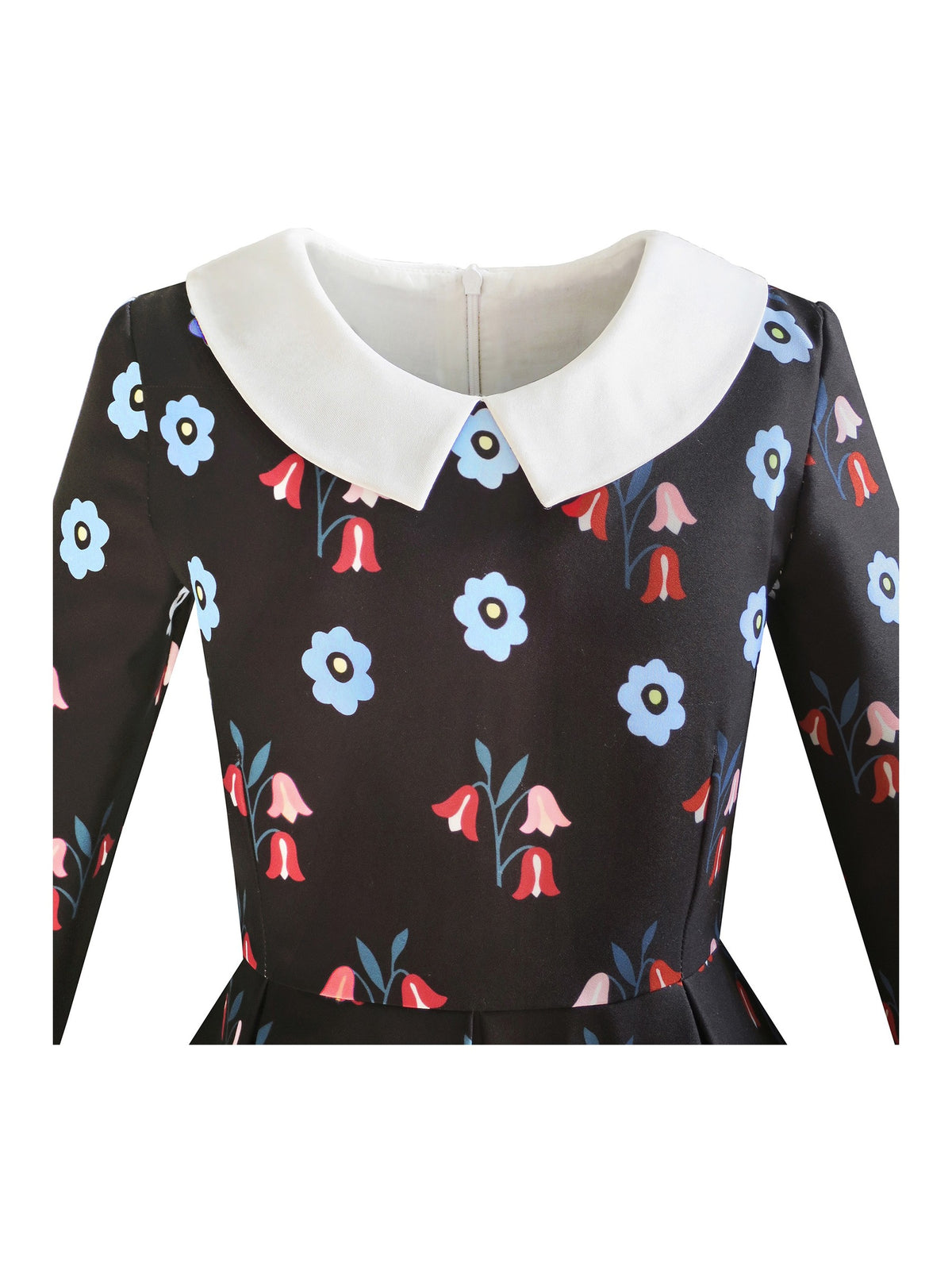 Girls Dress 3/4 Sleeve Elegant Black Checkered Red Flower - Multicolor Flower